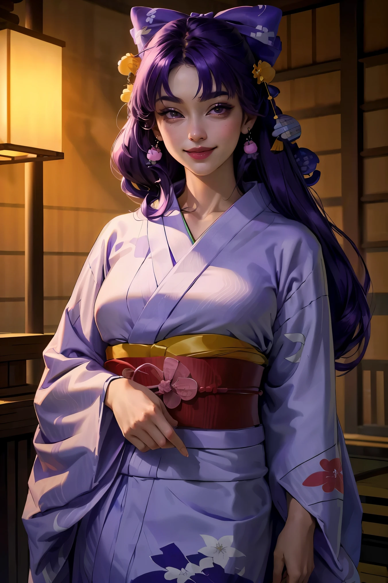 highest quality, masterpiece, High resolution, a beautiful woman, (yukata:1.40), (kimono:1.20),  long hair, purple hair, bow, hair bow, purple eye, yellow bow, Similarly, pink Similarly, smile, tasuki