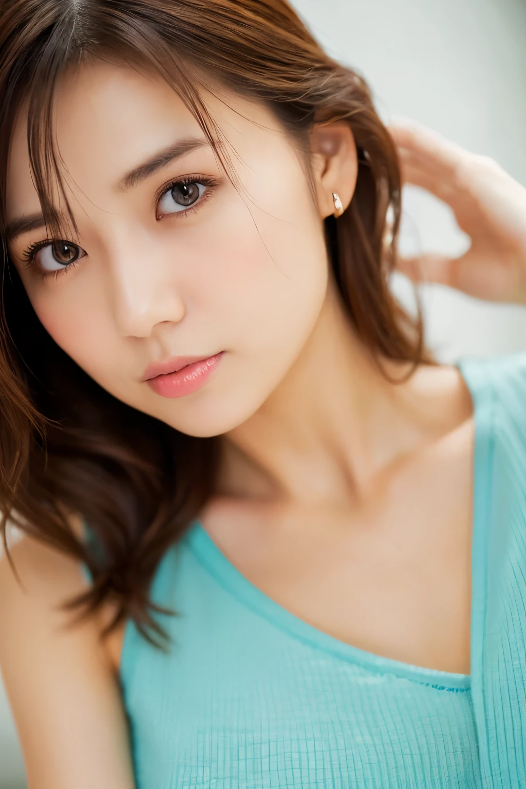 masterpiece, Best Quality, 8K, 1girl, Correct human hands, correct human fingers, Skinny Japanese woman, Cute, Girly, Delicate woman, Neat and clean beauty, small breast, very thin waist, sexy lips, luminescence, Looking away, Raw photo, F/1.8, 135 mm, CANON, Anatomically correct, bokeh,Textured skin, Professional Photography, Soft light, Professional Lighting, back light, Film grain, (Eyes and faces with detailed:1.0), brown hair, medium hair swaying in the wind, Silk Blouse,