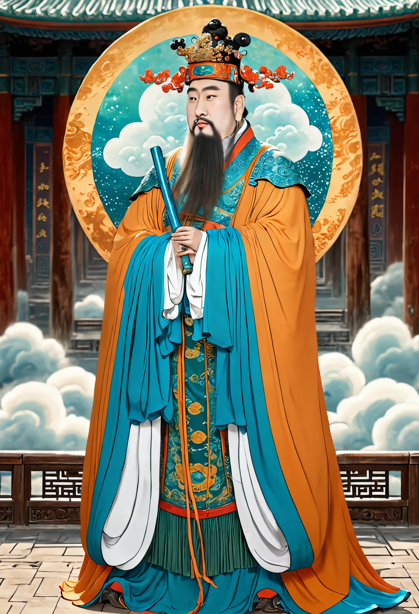 (masterpiece, best quality:1.2), yongle_style,1man,cloud,celestial crown,animated