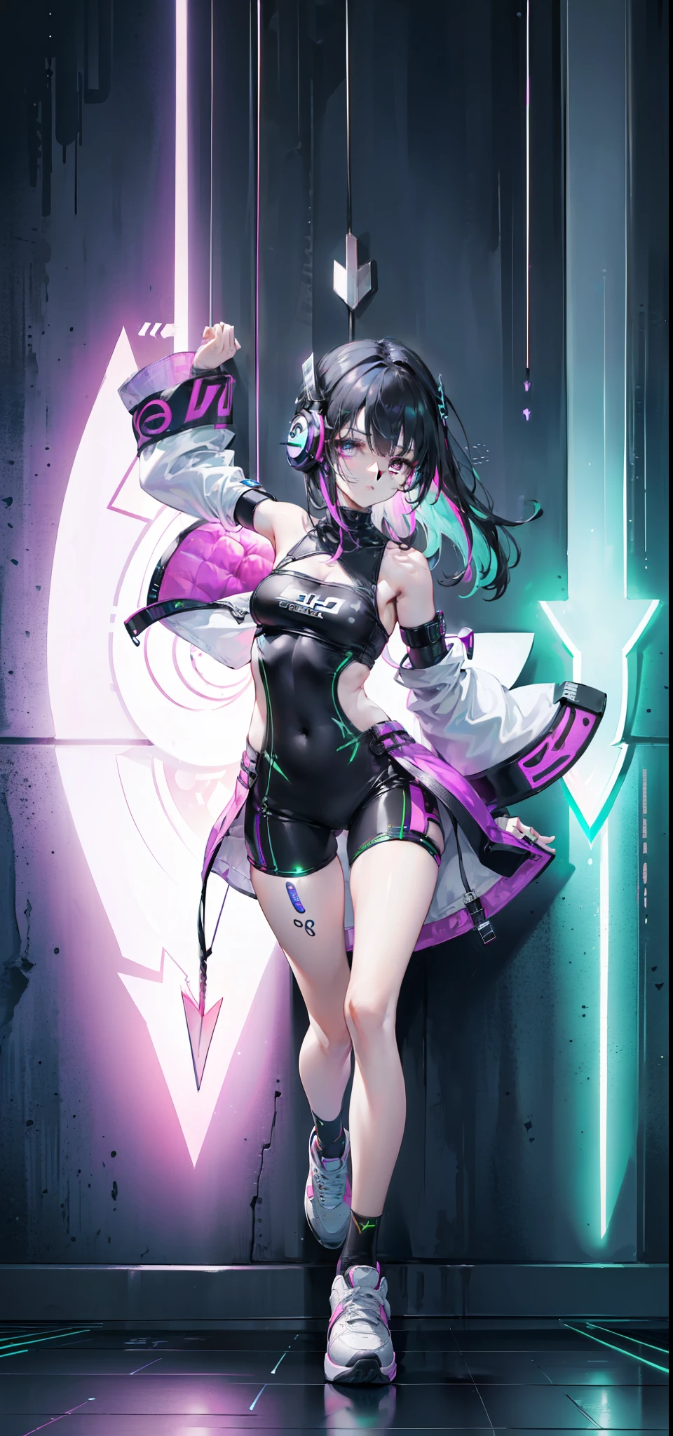 (8K, best quality: 1.4, on the table: 1.4, ultra high definition, highest resolution, Very detailed), professional lighting, gray light lighting, (single girl: 1.4), dance, Artistic jump, break dance, intense action, vitality, ((Colorful lights illuminate her)), (A series of colorful arrows and symbols are projected on the screen:1.6),  (There are many speakers stacked on the wall: 2),cyberpunk, colorful clothes、strange、lively appearance、Playful accessories、creative act、full of imagination,autonomy、DJ Headphones, (Fluorescent dance floor:1.5), alone, flowing hair, beautiful woman, a small face, abdominal muscles, (Asymmetric bangs, black hair, Hair above one eye, messy long hair), (queue) overalls, Good at sports, white sneakers), (Fingers are thin and thin, detailed body, Detailed weapons, human hand), (Detailed face), low angle bottom, Popular venues