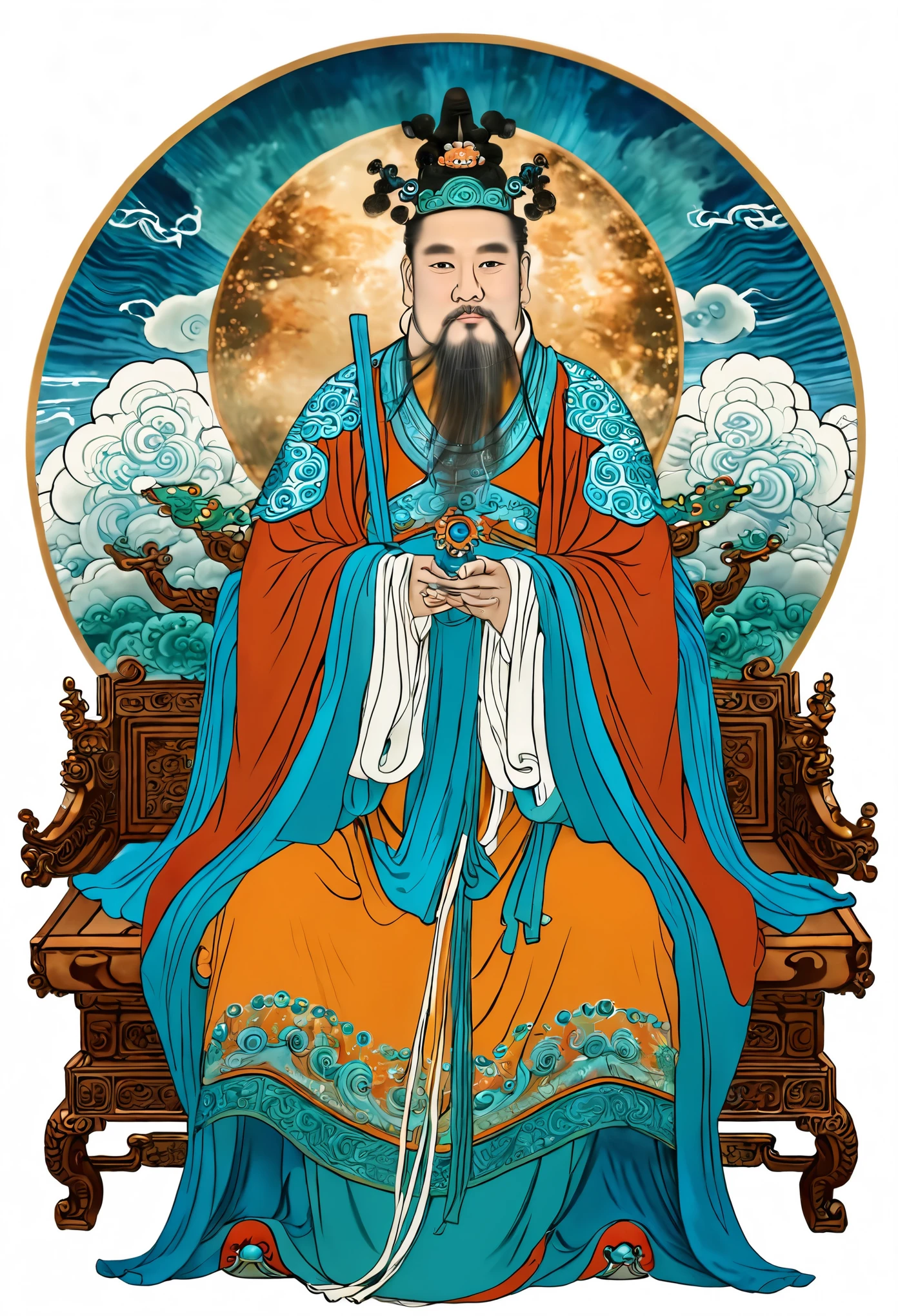 (masterpiece, best quality:1.2), yongle_style,1man,cloud,celestial crown,animated