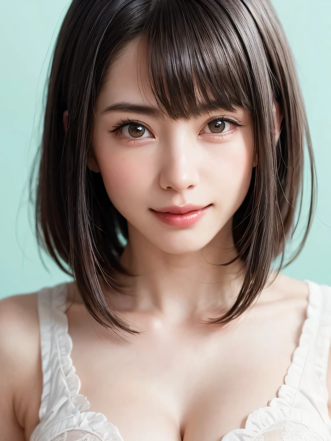 (table top, highest quality、ultra high resolution、face focus focus、focus on the sides、navel focus、decolletage focus、very attractive beauty、Add intense highlights to your eyes、look closely at the camera:1.4、Absolutely beautiful bangs:1.4、Brunette short bob hair with bangs:1.4),1 girl, Report, black haired, realistic, looking at the viewer, pale black eyes, short hair, lips, lip gloss, Upper body、Big eyes、eyelash)、((Simple background in bright colors、hyper real stick:1.4))、((short hair with bangs:1.4、Beautiful bangs with 46 points:1.4、{Huge|big|huge|mega} chest:2, cleavage:2、Big eyes、Give students very powerful highlights、very bigger chest、look at the audience、very beautiful beauty、show me your ears、beautiful long neck、beautiful decollete、smile、A smilee beautiful teeth、Open your mouth and smilee))、28 years old、very cute super model、perfect anatomy、simple blue background:1.8