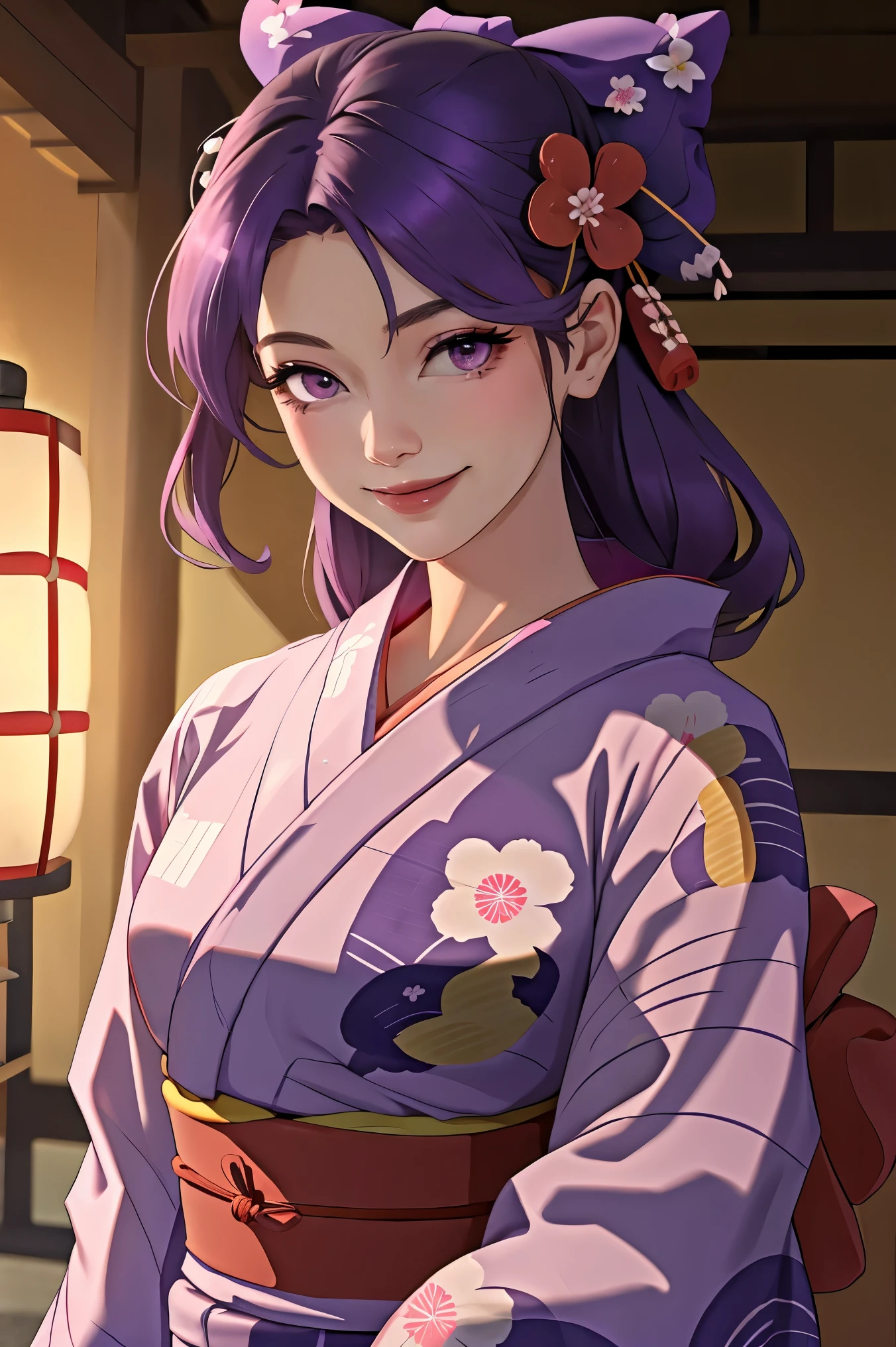 highest quality, masterpiece, High resolution, a beautiful woman, Semi Realistic, (yukata:1.40), (kimono:1.20),  long hair, purple hair, bow, hair bow, purple eye, yellow bow, Similarly, pink Similarly, smile, tasuki