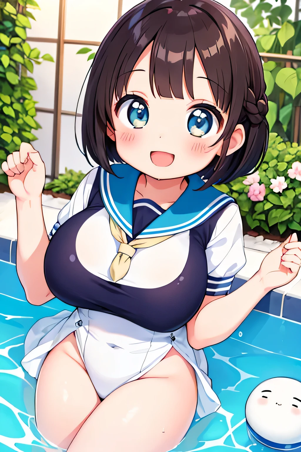 (highest quality:1.5)、ultra high resolution、detailed background、masterpiece、anatomically correct、cute beautiful girl、(detailed beautiful face:1.4)、brown hair、Braided bob cut、(big breasts:1.3)、thick thighs、realistic、perfect body line、Charm、He looks at me with a very happy expression on his face.、A big smile、open your mouth and laugh、White Sailor One Piece、light blue sailor color、Large home garden swimming pool、cute gesture、Cute impression、Emphasize health and beauty、Uplifting、fine、hair is wet、cute