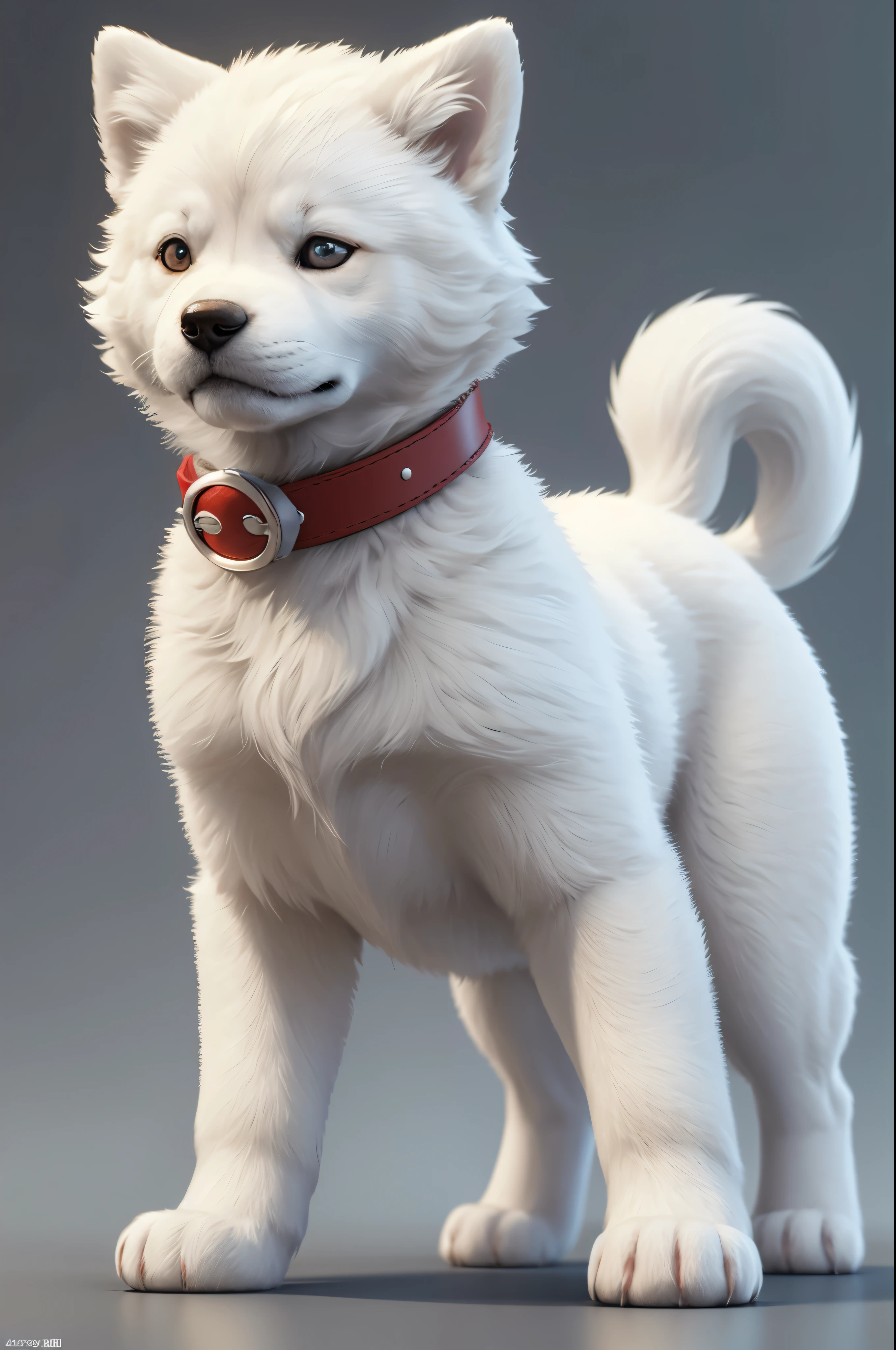8 k,I have a small white puppy with a red collar.., cute 3D render, Anthropomorphic Shiba Inu, Rendered at redshift, semi-realistic render, Maxwell render, super detailed render, very detailed render, make a naughty dog, hyper-realistic detailed rendering, fully detailed render, charming digital painting, hyperreal render, hyperrealistic rendering,pure white puppy,a lion'white fur,