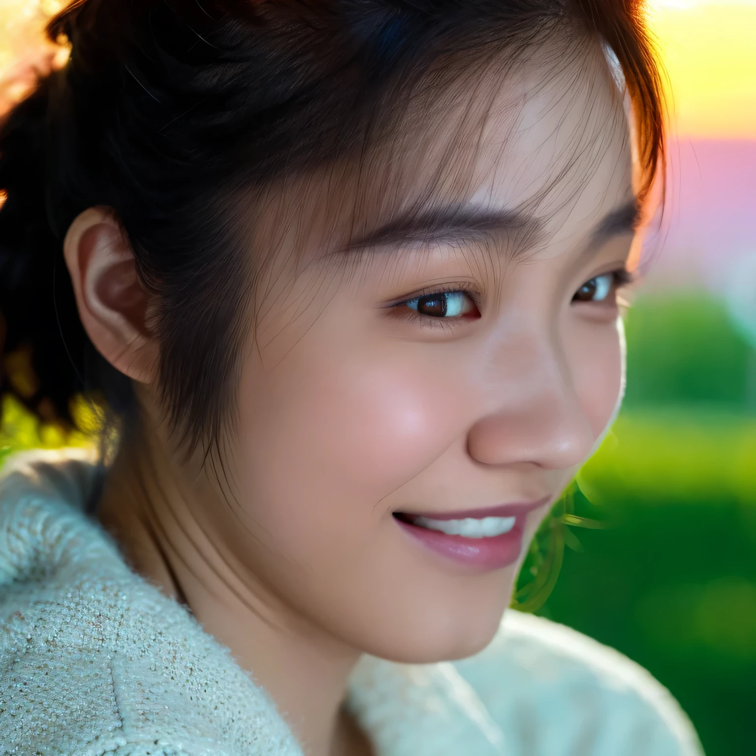 highest quality, 超High resolution, (realistic:1.4),sunset light, ponytail, korean woman, detailed pictures, smile, sexy, black shirt, facing camera, close (masterpiece: 1.3), (8K, realistic, highest quality: 1.4), (1 girl), beautiful face, (realistic face), (black hair, short hair: 1.3), beautiful hairstyle, realistic eyes, beautiful detail eyes, (realistic skin), Shining beautiful skin, (sweater), absurd, Charm, 超High resolution, surreal, High resolution, golden ratio