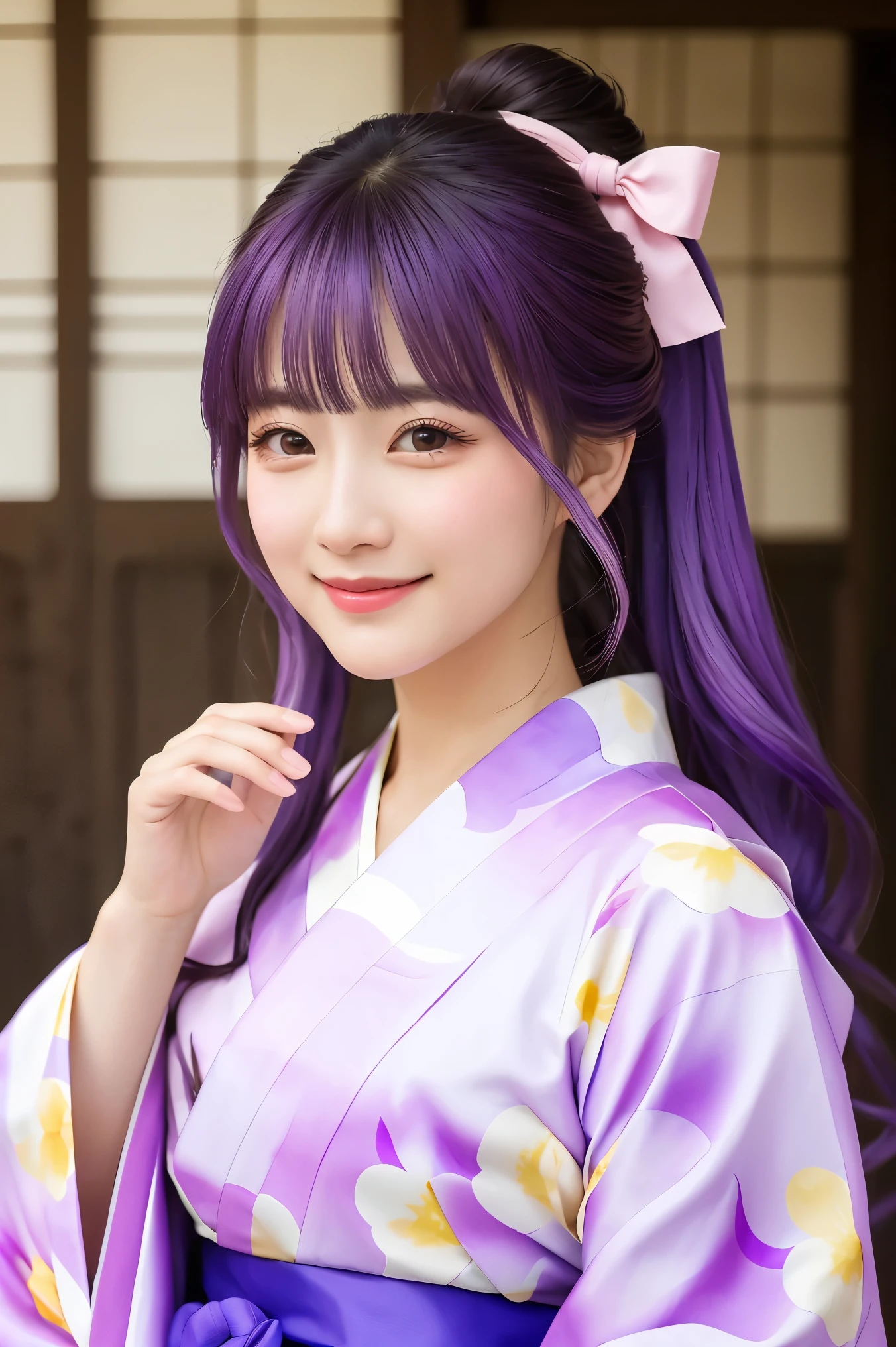 highest quality, masterpiece, High resolution, a beautiful woman, Semi Realistic, (yukata:1.40), (kimono:1.20),  long hair, purple hair, bow, hair bow, purple eye, yellow bow, Similarly, pink Similarly, smile, tasuki