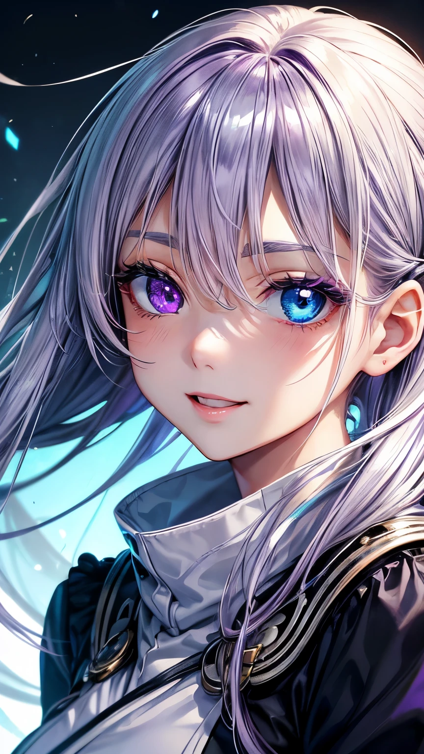 20 years old Japanese active girl ((very small breast , very slender)),smooth curly hair ((pale blonde, middle shoulder length hair )),((asymmetrical much shaggy long forelock)),BREAK, ((shiny white serafuku )) , black overcoat, looks tidy and enjoyable smile ,BREAK, big droopy eyes (( shiny pale purple eye, shiny blue eye, heterochromia:1.4)), eyelashes, blush , BREAK, cheerful and eloquent atmosphere,((face focus:1.3)), looking back pose, best quality 