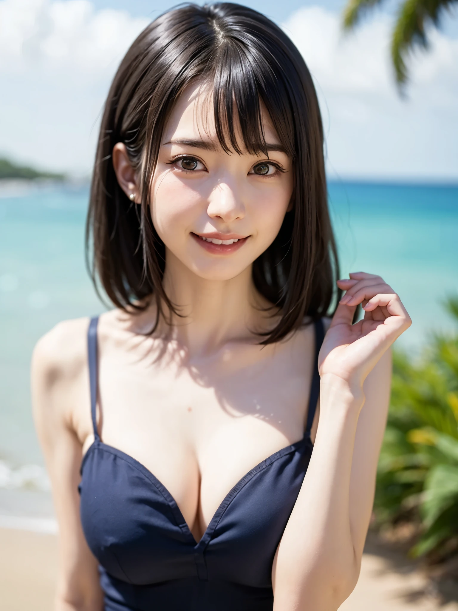 1 girl、highest quality、realistic、alone、Depth of written boundary、natural soft light、daytime、charm、beautiful face、cleanliness、pure face、white skin、cute、short hair、bangs、beach、Light of the sun、Nedium Breast Body Esbian、((セーター黄金比のbeautiful face 対称性のあるbeautiful face))、long neck、show me your ears、bangsのあるきれいな短いボブヘア、smile with your mouth closed、perfect hands指、perfect hands、perfect body、perfect face、shine a light on your eyes、perfect anatomy:1.4、とてもcuteスーパーモデル:1.4、{Huge|big|Hugeな|mega} chest, cleavage、happy smile:1.6、very beautiful teeth:1.6