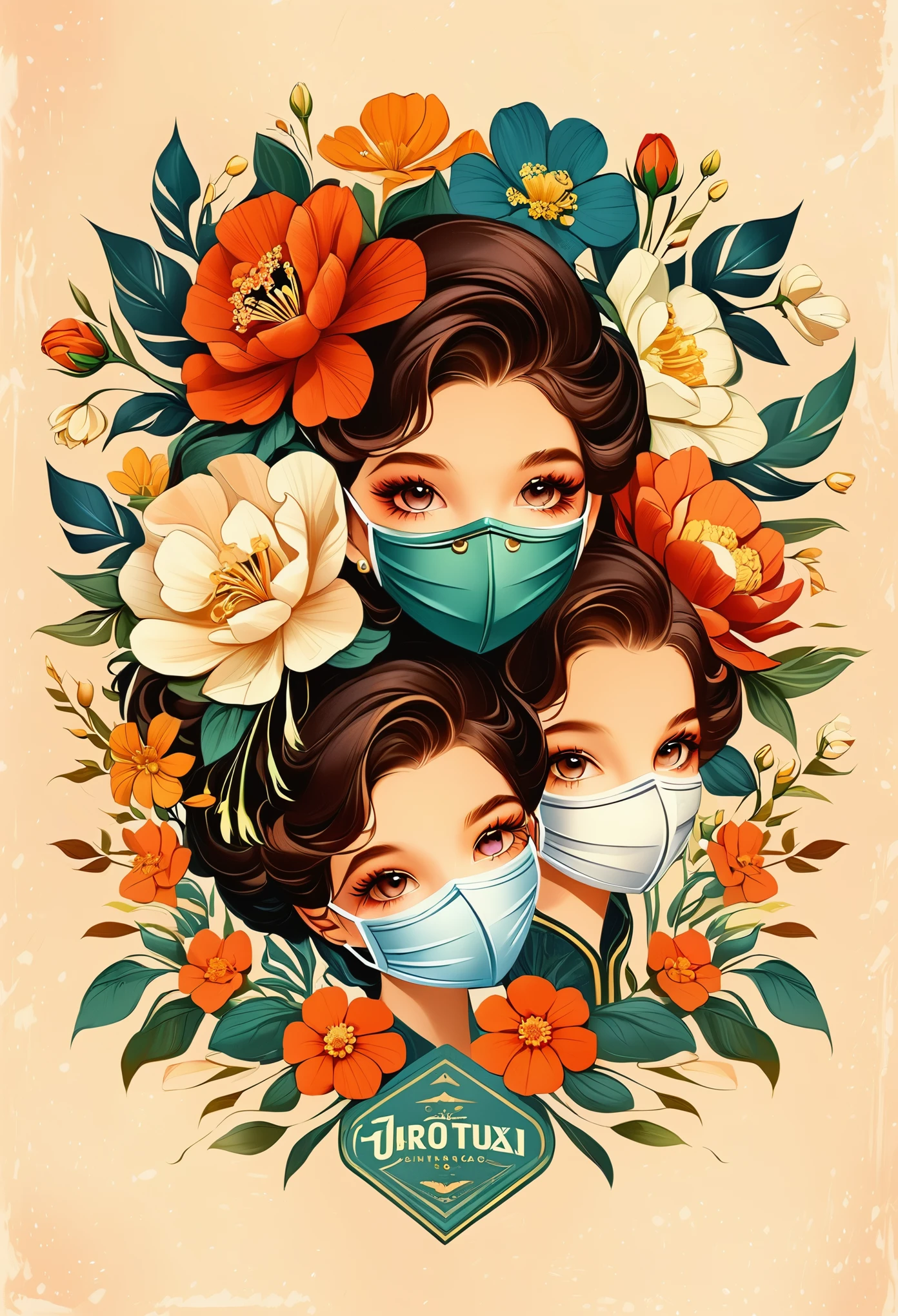 vintage，logo design，illustrator，Masks covered with flowers