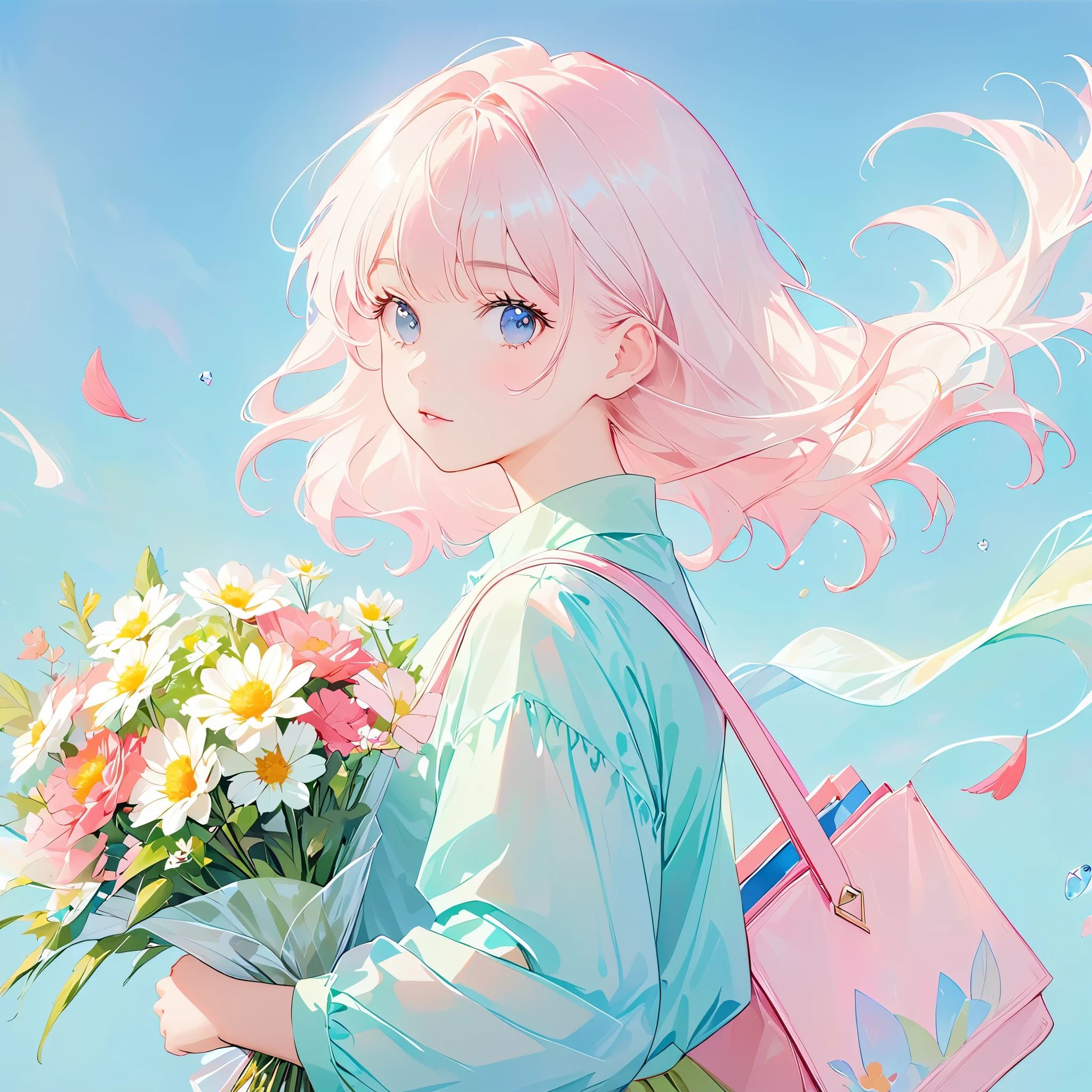 flat illustration，Minimalism，Geometry，abstract Memphis，anime portrait，close shot，holding a bouquet of flowers in hand，focus on face，little girl wearing light green shirt，Short pink skirt，Holding flowers in hand，Light pink canvas bag on shoulder，Long platinum blonde hair，Lane Blue Background，style expression，celluloid