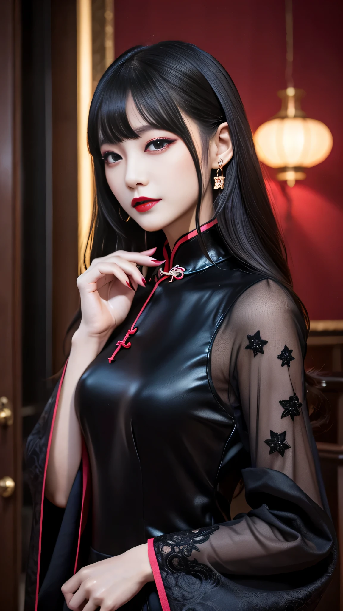 tra-detailed、Japanese、2girls、attractive beauty、seductive adult woman、pretty woman、piercing eyes、cool girl、wavy hair、Long Black Cheongsam、wide sleeves、Evil cadres、evil depravity、brainwash、mind control、lipstick、lip gloss、dark makeup、smirk、Evil expression、evil、empty eyes、evil、church at night、vampire、succubus、vampire、makeup brush、Swear allegiance、stand