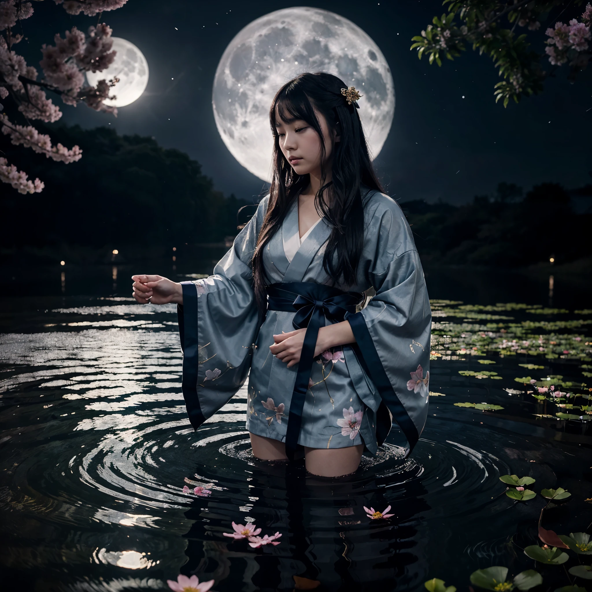 Masterpiece, highest quality, realistic, (((Tanabata Festival: 1.8)))), ((Star Festival: 1.5)), (Orihime, who is waiting in a yukata, has long black hair and a large star-shaped hair ornament and looks sideways at the viewer with a lonely expression)))), (((Galactic stars in the dark night sky)), 20 years old, full body, photorealistic, ((leans on bamboo with a large amount of thin colored paper)), calves, barefoot, Colored paper confetti