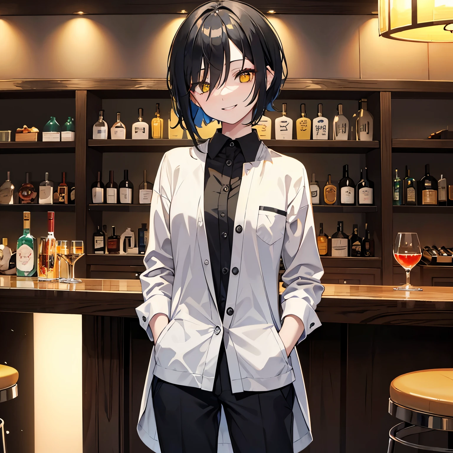 (masterpiece、4K、detailed) cool bartender、(Black bob hair、Alone、looking at the camera、drooping eyes、yellow eyes、smile、hands are in pockets)