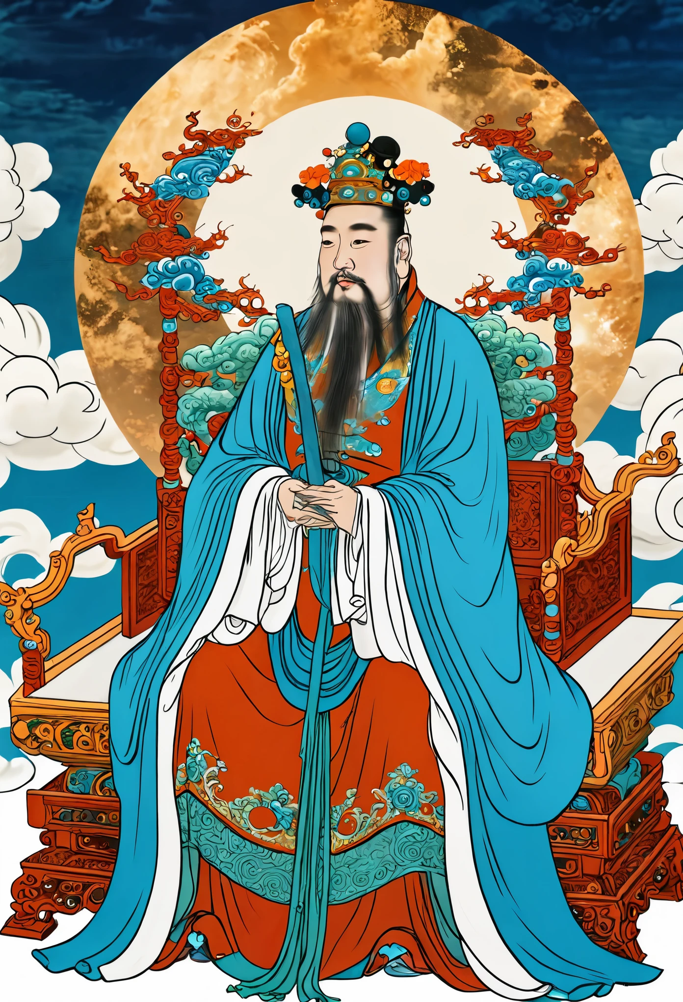 (masterpiece, best quality:1.2), yongle_style,1man,cloud,celestial crown,animated