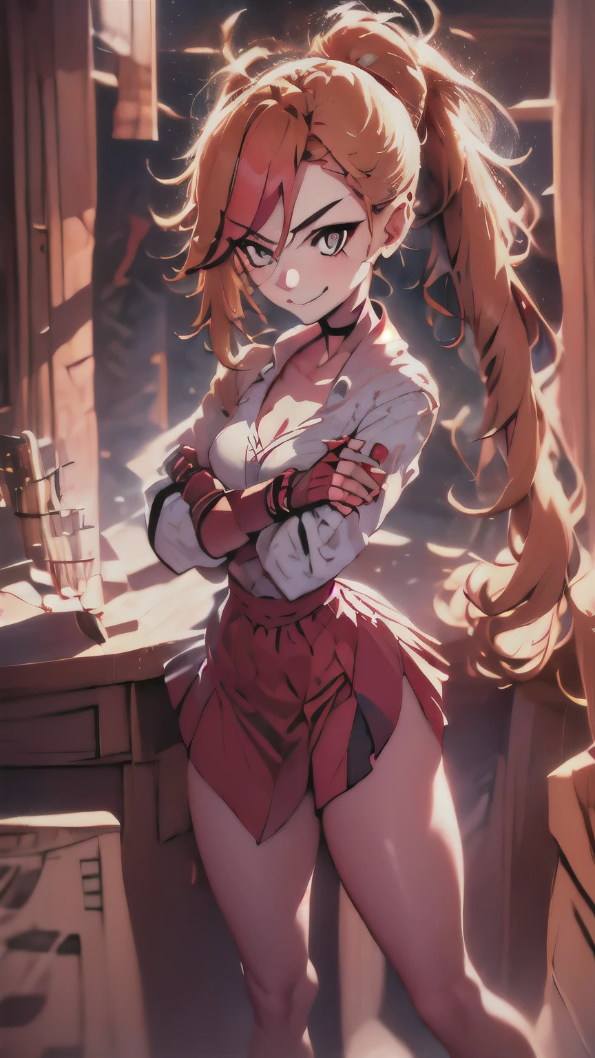 (best quality:1.2),solo,1girl,mdrin,smile,looking at viewer,crossed arms,ponytail,v-shaped eyebrows,white jacket,red shirt,fingerless gloves,black skirt,choker,illustration,floral garden background,warm color tones,soft lighting, Hair over one eye, ultra long hair, standing on hooftop, long boots