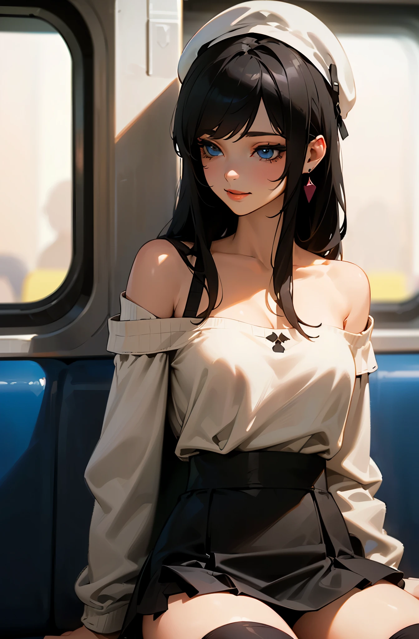 (masterpiece:1.5),(best quality:1.5),(8K:1.2),(ultra detailed:1.2),(realistic:1.2),(ultra high resolution:1.2),(highest detailed and realistic skin:1.3),(highest detailed and beautiful slant blue eyes:1.2),break,(in crowded train:1.3),(sitting:1.2),(cute smile:1.2),(looking away:1.5),(light pink off shoulder blouse:1.4),(slender body girl:1.2),break,(beautiful red slant eyeliner:1.2),(beautiful eyeshadow),break,natural lip,(white casual beret hat:1.5),break,(medium long black hair:1.2),break,(black flare mini skirt:1.4),(black knee high socks:1.5),break,medium big breasts,ring earring,(face front)