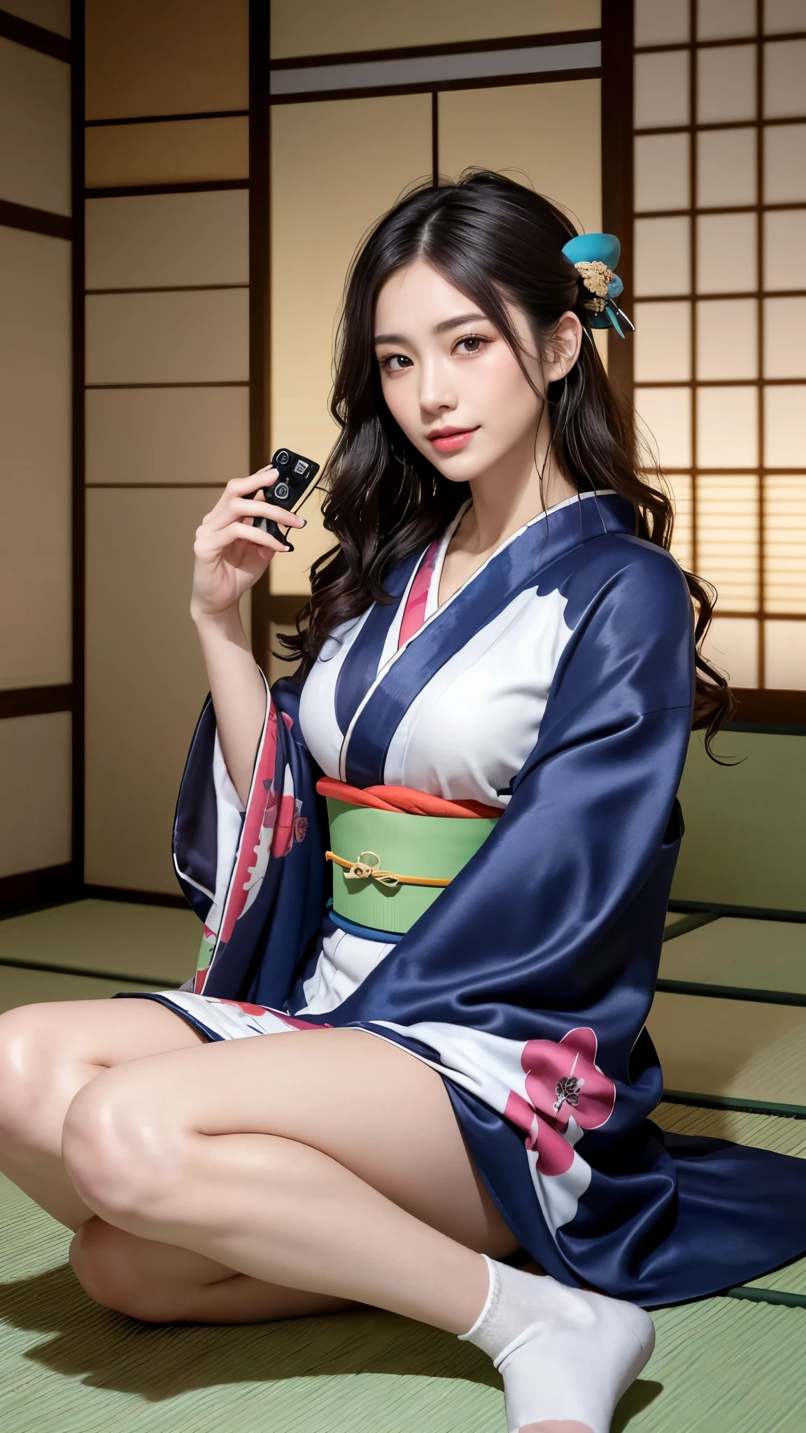 ((top quality, 8K, masterpiece:1.3)), (focus control:1.2), (Perfect Body Beauty:1.4), ((delicate hair)), (Highly detailed face and skin texture), fair eyes, double eyelid, (shiny skin:1.5), 1 woman, (dark brown wavy hair), (beautiful teeth), (stretching), very small face, smile, Concentrate upon: 1.2, socks, Tatami mat room, matted hair, droopy eyes, (colorful kimono:1.5), 