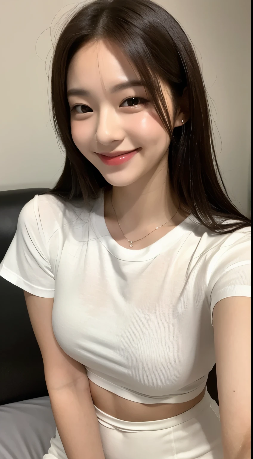 white tight shirt、white tight mini skirt、bed、smile、short sleeve、high resolution、Korean idol face