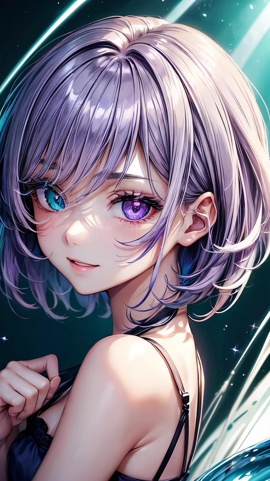 20 years old Japanese active girl ((very small breast , very slender)),smooth curly hair ((pale blonde, very short hair )),((asymmetrical much shaggy long forelock)),BREAK, ((shiny white chemise dress)) , looks tidy and enjoyable smile ,BREAK, big droopy eyes (( shiny pale purple eye, shiny blue eye, heterochromia:1.4)), eyelashes, blush , BREAK, cheerful and eloquent atmosphere,((face focus:1.3)), looking back pose, best quality