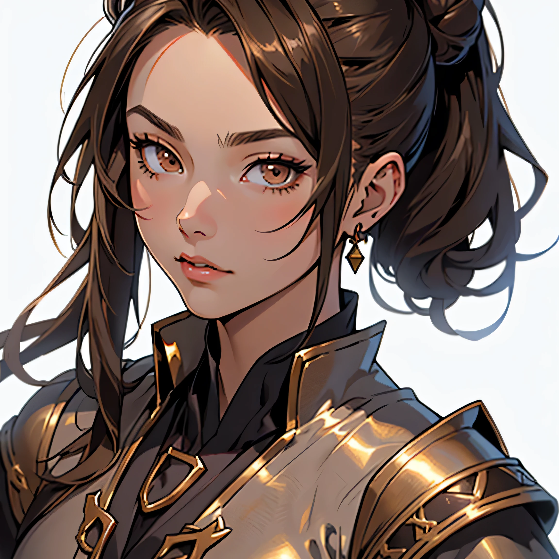 medieval anime art, masterpiece, best quality, smooth lines, female, solo, (((close-up face portrait))), detailed composition, detailed eyes, detailed hair, (((white background))), black hair, ponytail bun, (((brown eyes))), (((wearing bronze wizard clothes))), (((Asian))), lipstick, mature, earring
