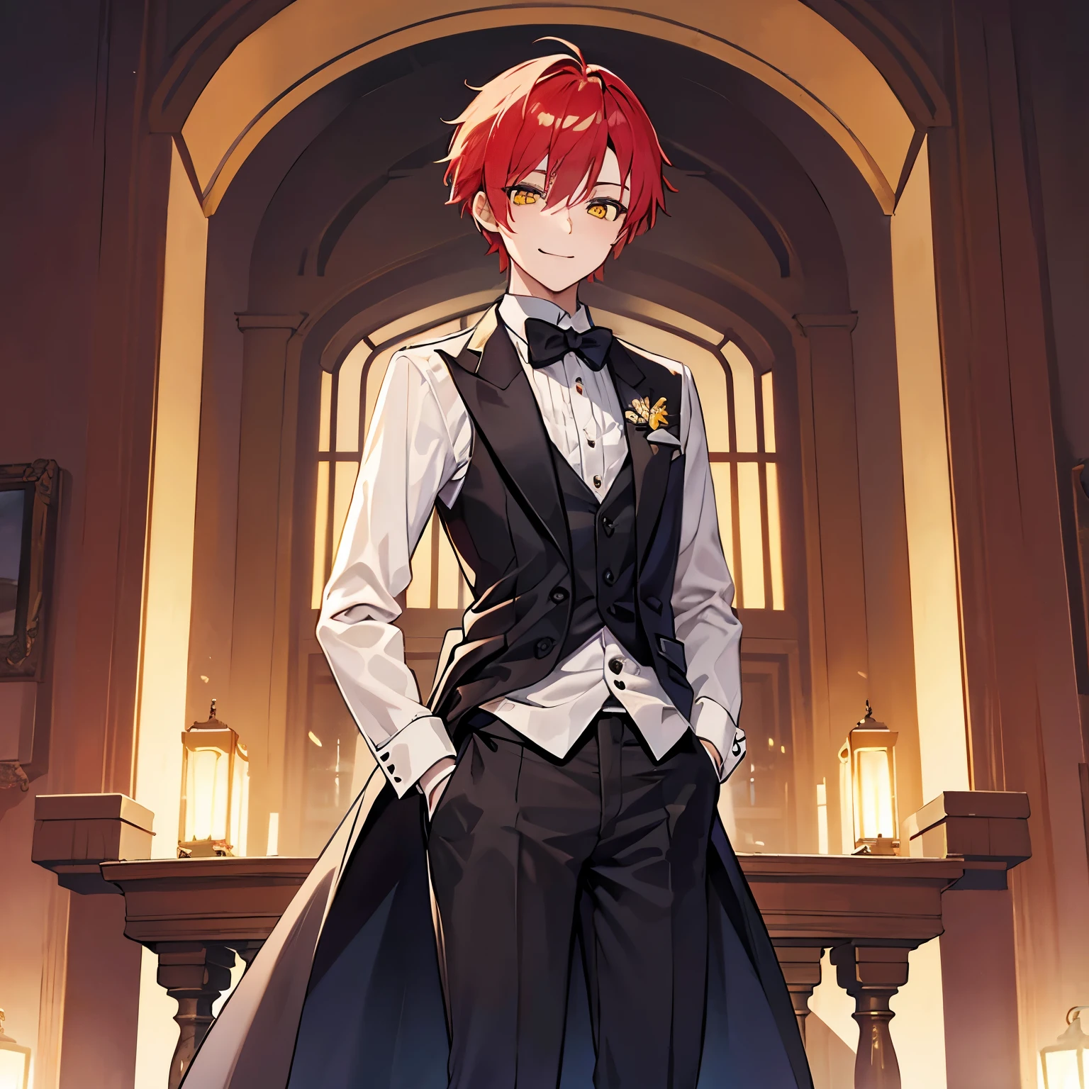 (masterpiece、4K、detailed) Cool butler、(redhead、Alone、looking at the camera、drooping eyes、yellow eyes、smile、hands are in pockets)