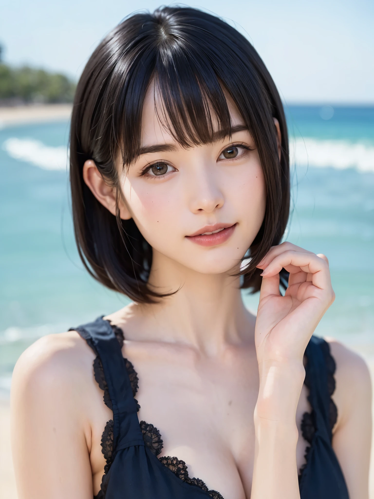 1 girl、highest quality、realistic、alone、Depth of written boundary、natural soft light、daytime、charm、beautiful face、cleanliness、pure face、white skin、cute、short hair、bangs、beach、Light of the sun、Nedium Breast Body Esbian、((セーター黄金比のbeautiful face 対称性のあるbeautiful face))、long neck、show me your ears、bangsのあるきれいな短いボブヘア、smile with your mouth closed、perfect hands指、perfect hands、perfect body、perfect face、shine a light on your eyes、perfect anatomy:1.4、とてもcuteスーパーモデル:1.4、{Huge|big|Hugeな|mega} chest, cleavage:2、happy smile:1.6、very beautiful teeth:1.6