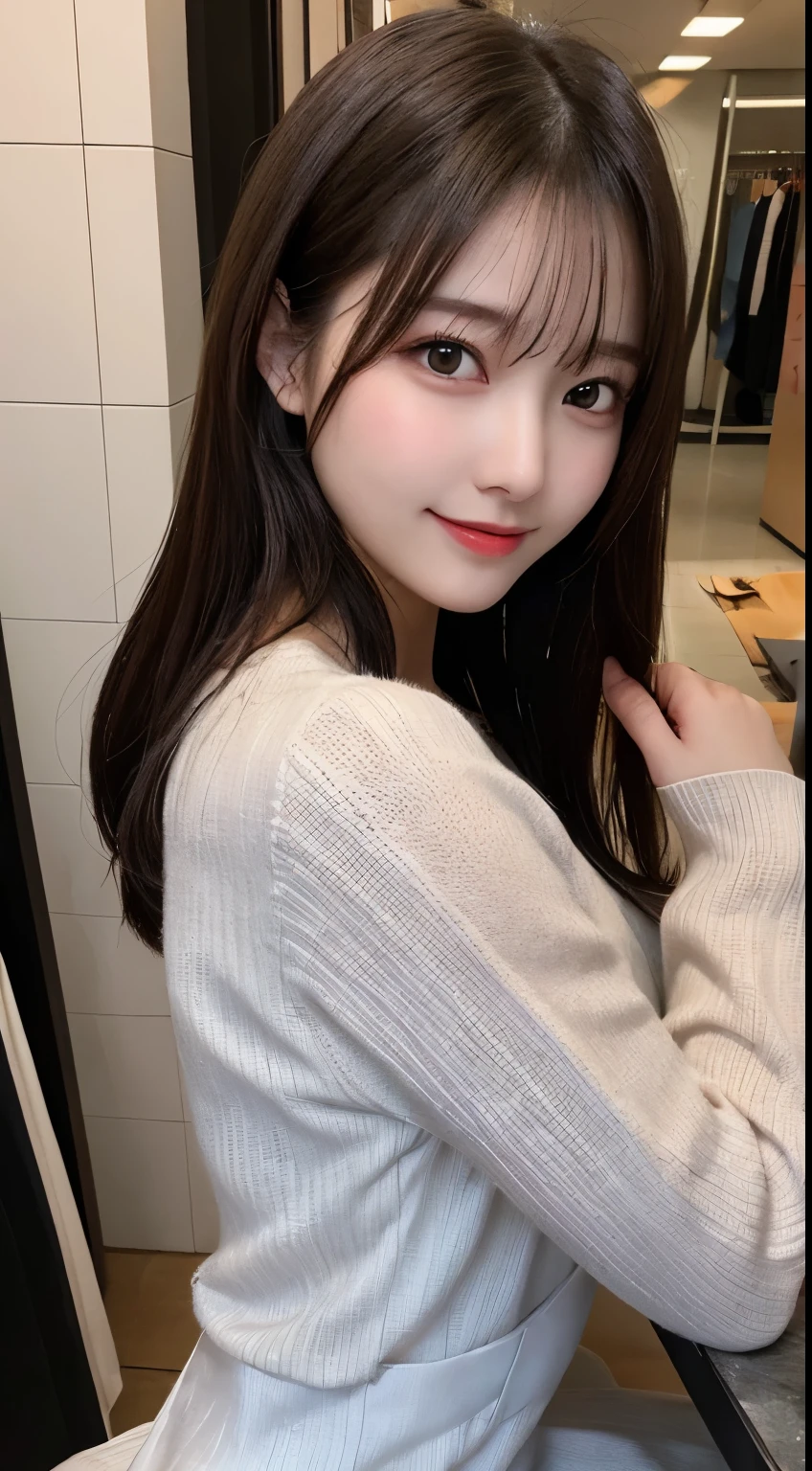 table top, highest quality, shape, Super detailed, finely, High resolution, 8k wallpaper, 完璧なダイナミックな構shape, beautiful and detailed eyes, small breasts, natural color lip, random sexy pose,smile,big city、20 year old girl、midnight、Beautiful and dense face、perfect and beautiful face,Big eyes、real photos(best image quality),long dress dress(long sleeve/blouse)、cardigan、Taken from above the knees(from bottom to top)、