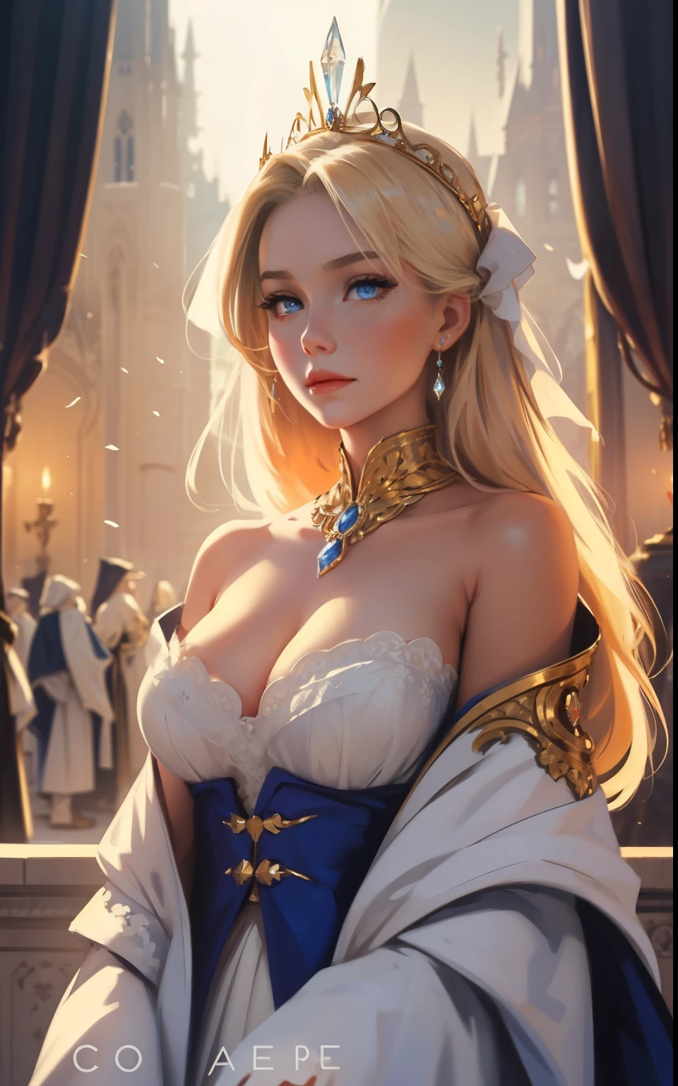 Fantasy, 19th century, empress, woman, delicate face, pale blonde hair, blue eyes, in a white royal dress with open shoulders, gold patterns on fabric, crystal jewelry, with a scarlet ribbon over the shoulder with the regalia of the monarch, Gothic castle made of white stone on the background, light, day, hd