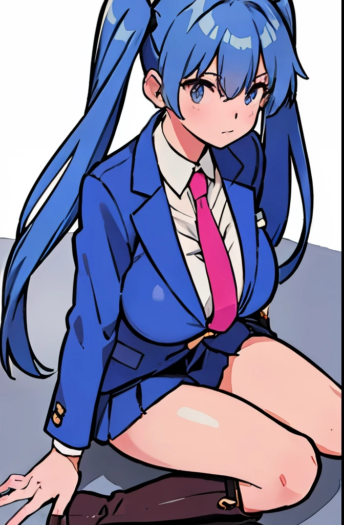big breasts blue hair long hair twin tails blue blazer Short sleeve blazer blue skirt pleated skirt Top and bottom clothes of the same color (Pink tie) white shirt blue eyes baby face one person round eyes brown boots Knee-high boots tight boots SFWind Gun universe