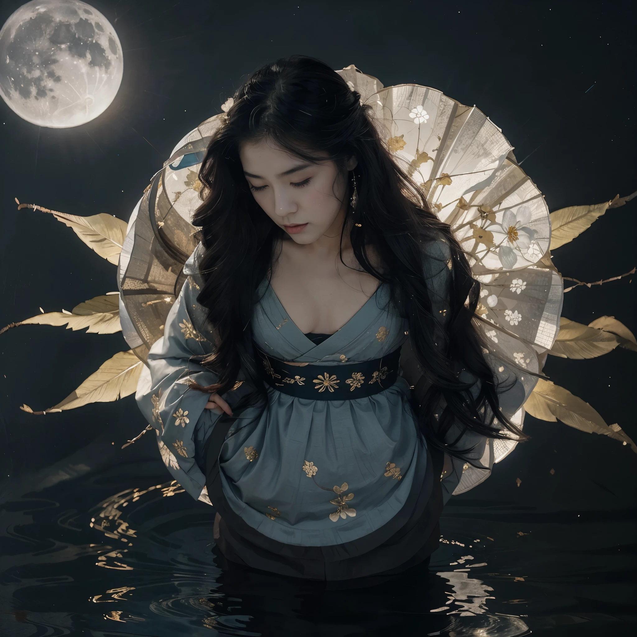 **style:**
* Japanese ink painting (Sumi-e)
* anime / manga
**Elements:**
* **Moonlight:**
* bright moon, flooding the landscape with cold light.
* Silver rays, piercing clouds and foliage.
* Reflection of the moon in a pond.
* **Flowers:**
* sakura (cherry) Abloom, with delicate pink petals.
* White flowers, contrasting with a dark background.
* Flowers, blooming under the moonlight.
* **characters:**
* Young girl in kimono, standing under the moon.
* Demon or Youkai, watching her from the shadows.
* Ommyodzi, performing a ritual under the starry sky.
* **symbol:**
* water surface, symbolizing calm and depth.
* birds, floating in the night sky.
* Traditional Japanese ornaments.
**Color palette:**
* Navy blue, black, gray - for night landscape.
* pink, white, purple - for flowers.
* gold, silver - for moonlight and stars.
**Additional instructions:**
* The image should be dynamic and captivating.
* A combination of beauty and danger, light and shadow.
* Feeling of mystery and magic.