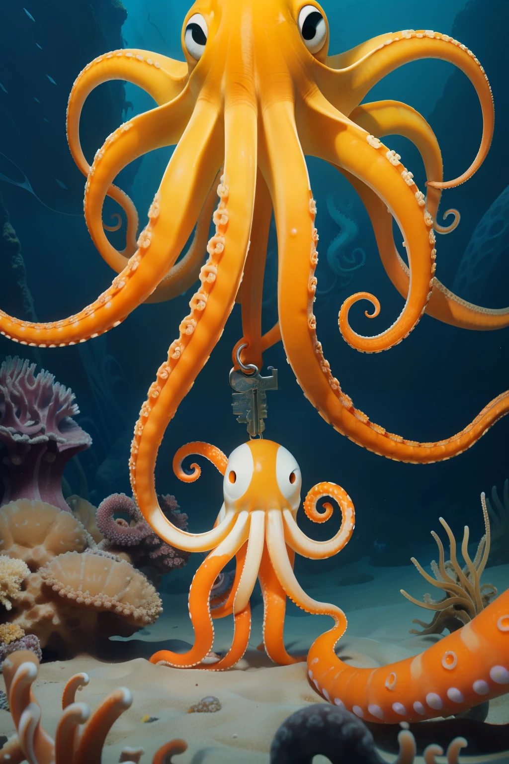 Sowell Bay, Washington, 2023. Pacific giant octopus, orange, yellow and white, (((holding a key with one of the tentacles)))