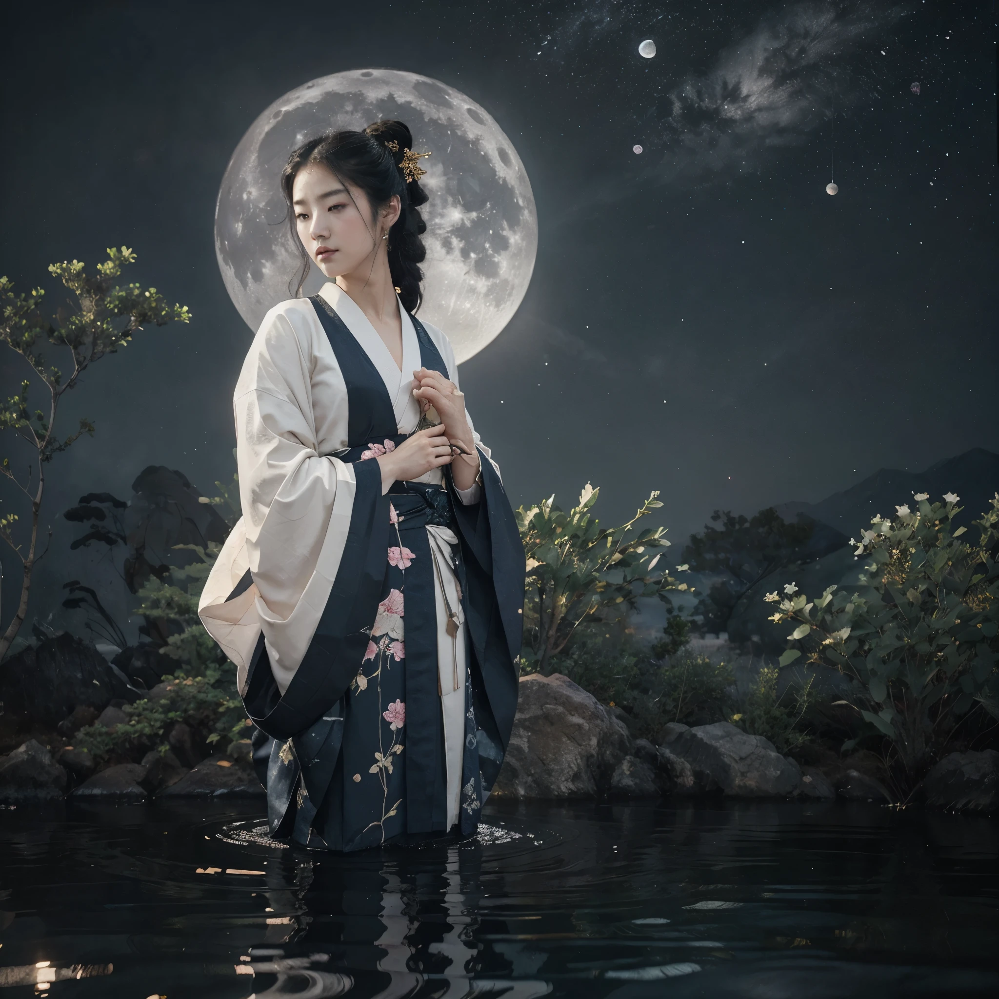 **style:**
* Japanese ink painting (Sumi-e)
* anime / manga
**Elements:**
* **Moonlight:**
* bright moon, flooding the landscape with cold light.
* Silver rays, piercing clouds and foliage.
* Reflection of the moon in a pond.
* **Flowers:**
* sakura (cherry) Abloom, with delicate pink petals.
* White flowers, contrasting with a dark background.
* Flowers, blooming under the moonlight.
* **characters:**
* Young girl in kimono, standing under the moon.
* Demon or Youkai, watching her from the shadows.
* Ommyodzi, performing a ritual under the starry sky.
* **symbol:**
* water surface, symbolizing calm and depth.
* birds, floating in the night sky.
* Traditional Japanese ornaments.
**Color palette:**
* Navy blue, black, gray - for night landscape.
* pink, white, purple - for flowers.
* gold, silver - for moonlight and stars.
**Additional instructions:**
* The image should be dynamic and captivating.
* A combination of beauty and danger, light and shadow.
* Feeling of mystery and magic.