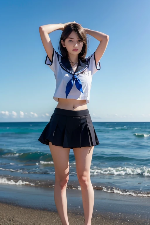 ((best quality)), ((masterpiece)), (detailed), perfect face, 1girl,full body,from front,Right in front,, sailor suit,short sleeve,solid mini skirt,navel exposed, sea background,short black hair, arms behind head,