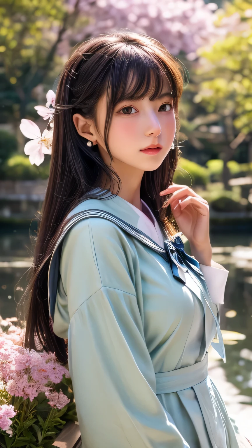 Dragon Ball bloomers, futuristic scene, Mechanically enhanced Japanese high school girl、Elegant in an elaborate garden. She has beautifully detailed eyes and lips that complement her face. high school girl。.uniform。.。.。.。.。.。14 year old girl.. Around her are bright cherry blossoms and a quiet carp pond. The scenes are drawn using a combination of illustration and photorealism, cherry blossoms吹雪,Highly detailed brush strokes and sharpness, bright colors. Lighting that highlights the elegance of the uniform, gives softness to the skin, porcelain shine。. Artwork is of the highest quality, Exquisite costume details on display, cherry blossoms, . The overall color scheme is、、、、、、、、、、traditional Japanese color combinations, crimson, wait., bus stop、sit on a bench、Headphones around the neck、Side view、Side view、whole body、hand between legs、high school student、from far away、open the center