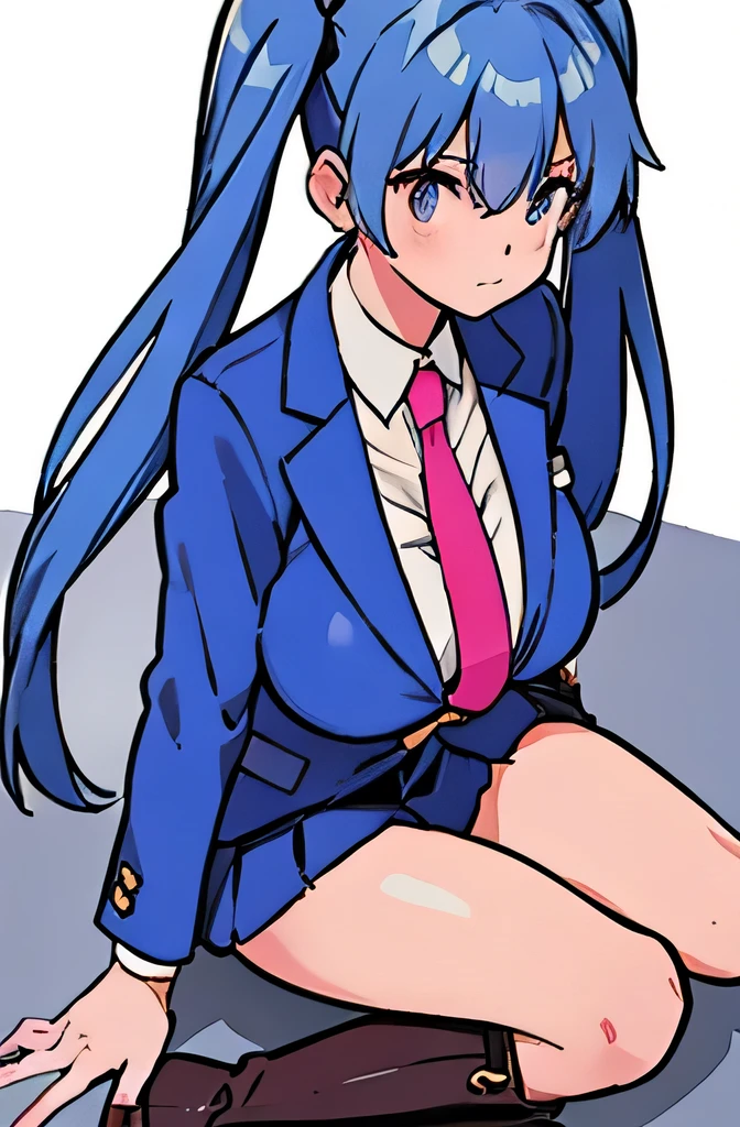 big breasts　blue hair　long hair　twin tails　blue blazer　Short sleeve blazer　blue skirt　pleated skirt　Top and bottom clothes of the same color　(Pink tie)　white shirt　blue eyes　　one person　round eyes　brown boots　Knee-high boots　tight boots　ＳＦWind Gun　universe　