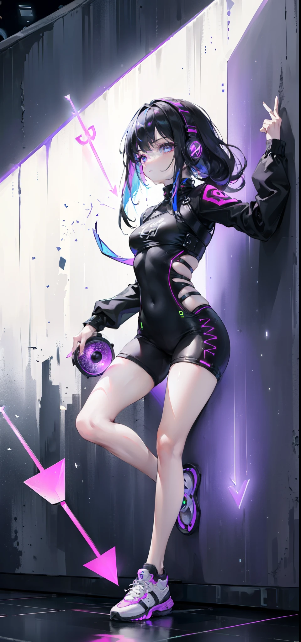 (8K, best quality: 1.4, on the table: 1.4, ultra high definition, highest resolution, Very detailed), professional lighting, gray light lighting, (single girl: 1.4), dance, Artistic jump, break dance, intense action, vitality, ((Colorful lights illuminate her)), (A series of colorful arrows and symbols are projected on the screen:1.6), (There are many speakers stacked on the wall: 2),cyberpunk, colorful clothes、strange、lively appearance、Playful accessories、creative act、full of imagination,autonomy、DJ Headphones, (Fluorescent dance floor:1.5), alone, flowing hair, beautiful woman, a small face, abdominal muscles, (Asymmetric bangs, black hair, Hair above one eye, messy long hair), (queue) overalls, Good at sports, white sneakers), (Fingers are thin and thin, detailed body, Detailed weapons, human hand), (Detailed face), low angle bottom, Popular venues