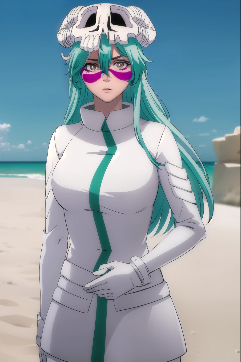 nellieltuodelschwanck, nelliel tu odelschwanck, long hair, green hair, (facial mark:1.5), skull, (brown eyes:1.5), green hair,
BREAK espada suit, dress, white dress, long sleeves, collar, skirt, white skirt, gloves, white gloves,
BREAK outdoors, desert, sky, sun, cloud,
BREAK looking at viewer, (cowboy shot:1.5),
BREAK (masterpiece:1.2), best quality, high resolution, unity 8k wallpaper, (illustration:0.8), (beautiful detailed eyes:1.6), extremely detailed face, perfect lighting, extremely detailed CG, (perfect hands, perfect anatomy),