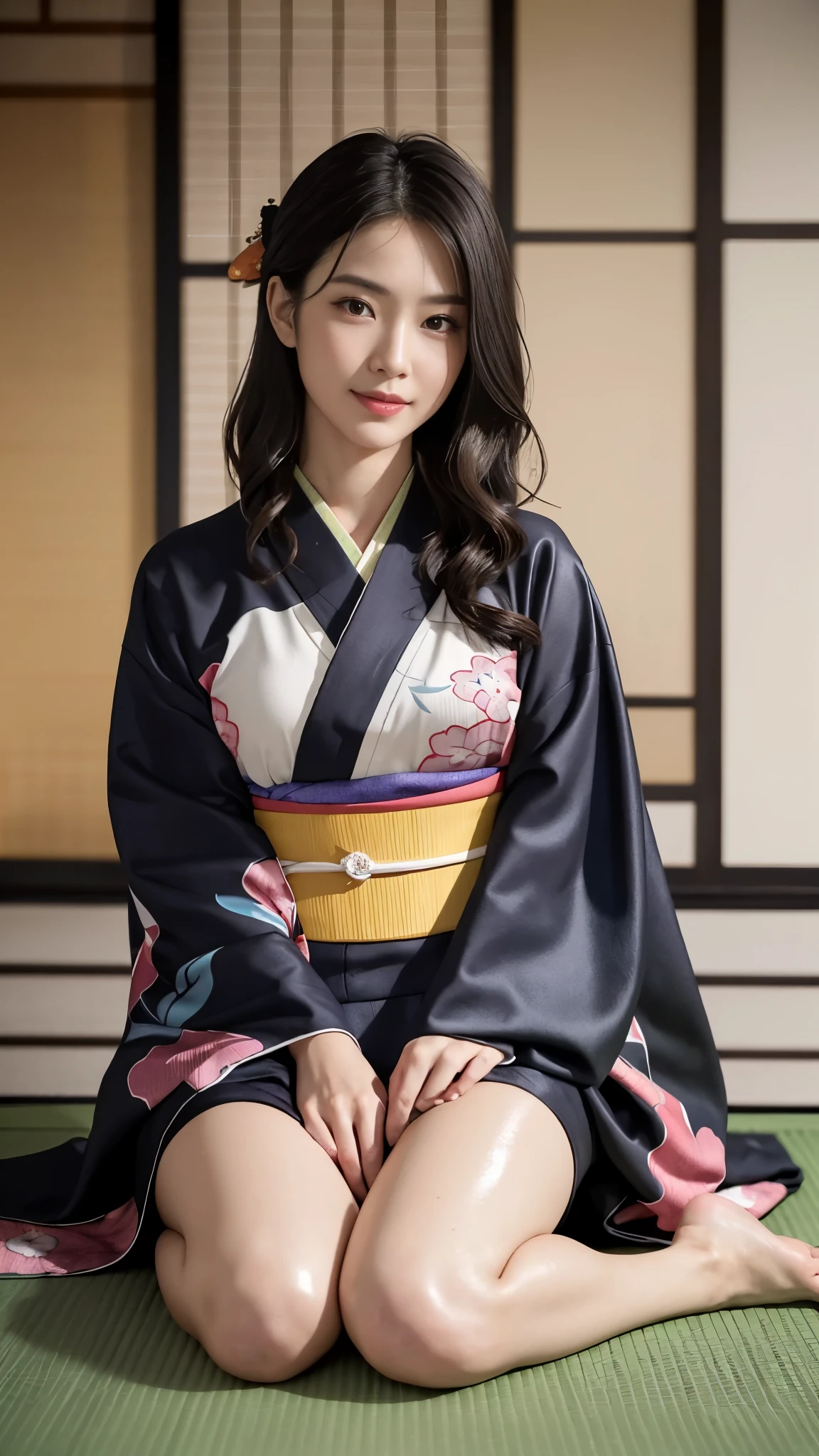 ((top quality, 8K, masterpiece:1.3)), (focus control:1.2), (Perfect Body Beauty:1.4), ((delicate hair)), (Highly detailed face and skin texture), fair eyes, double eyelid, (shiny skin:1.5), 1 woman, (dark brown wavy hair), (beautiful teeth), (stretching), very small face, smile, Concentrate upon: 1.2, socks, Tatami mat room, matted hair, droopy eyes, (colorful kimono:1.5),