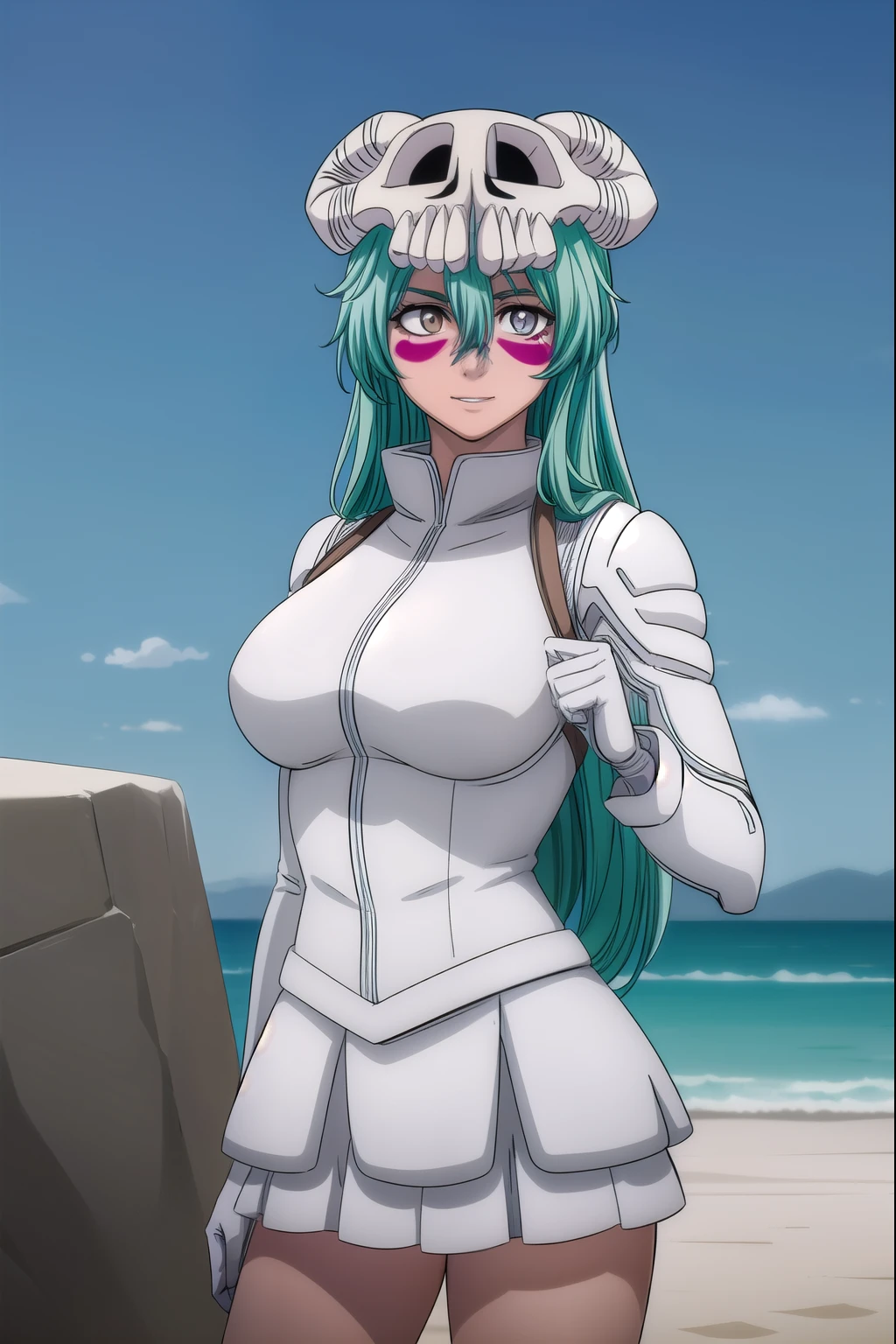 nellieltuodelschwanck, nelliel tu odelschwanck, long hair, green hair, (facial mark:1.5), skull, (brown eyes:1.5), green hair,
BREAK espada suit, dress, white dress, long sleeves, collar, skirt, white skirt, gloves, white gloves,
BREAK outdoors, desert, sky, sun, cloud,
BREAK looking at viewer, (cowboy shot:1.5),
BREAK (masterpiece:1.2), best quality, high resolution, unity 8k wallpaper, (illustration:0.8), (beautiful detailed eyes:1.6), extremely detailed face, perfect lighting, extremely detailed CG, (perfect hands, perfect anatomy),cowboy shot,evil smile,show tits