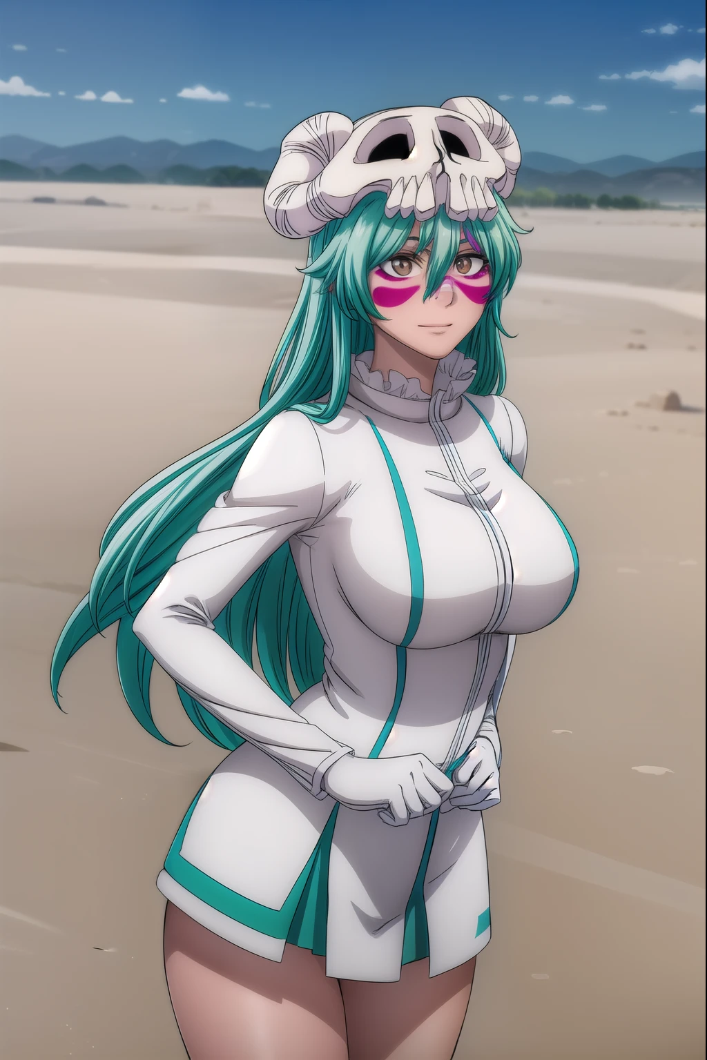 nellieltuodelschwanck, nelliel tu odelschwanck, long hair, green hair, (facial mark:1.5), skull, (brown eyes:1.5), green hair,
BREAK espada suit, dress, white dress, long sleeves, collar, skirt, white skirt, gloves, white gloves,
BREAK outdoors, desert, sky, sun, cloud,
BREAK looking at viewer, (cowboy shot:1.5),
BREAK (masterpiece:1.2), best quality, high resolution, unity 8k wallpaper, (illustration:0.8), (beautiful detailed eyes:1.6), extremely detailed face, perfect lighting, extremely detailed CG, (perfect hands, perfect anatomy),cowboy shot,evil smile,show tits