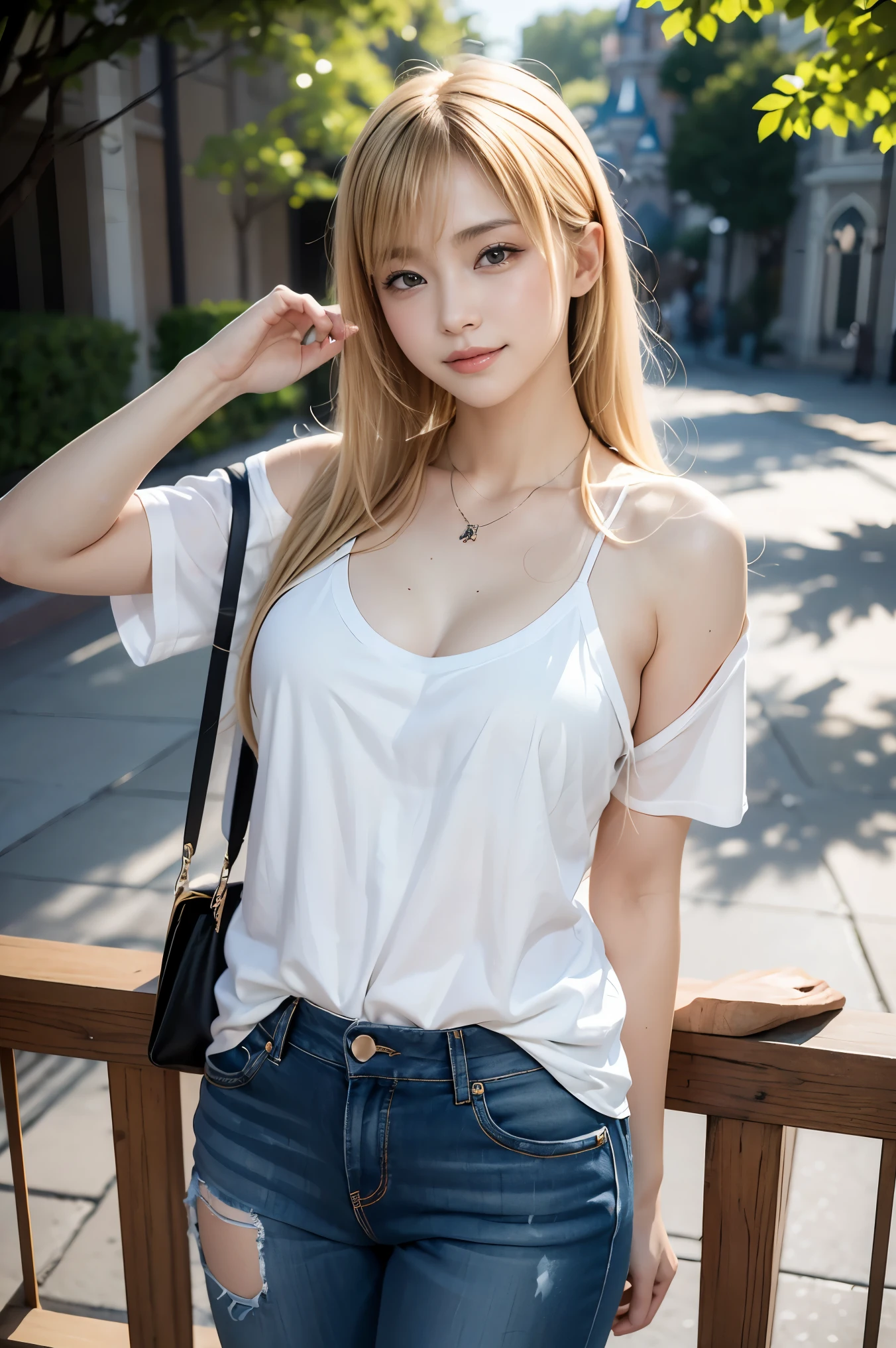 (Raw photo:1.2)、highest quality、Precise beauty、beautiful long hair woman、The most beautiful women in the world、Beautiful and sharp face、21 years old、Also々himself、Smooth super short hair that looks blonde、highly detailed face、Cute smiling girl、happy look、beautiful and detailed eyes、eyeliner、small face、plump breasts、T-shirt、necklace、semi-backlit、High resolution、8K wallpaper、The gesture of pulling up the hair(photorealism:1.4)、Super detailed、masterpiece、stick one out&#39;Pre-shares、Very bright photo、at disneyland、(laughing out loud)、Take off your pants and put them on your fingers：1.5