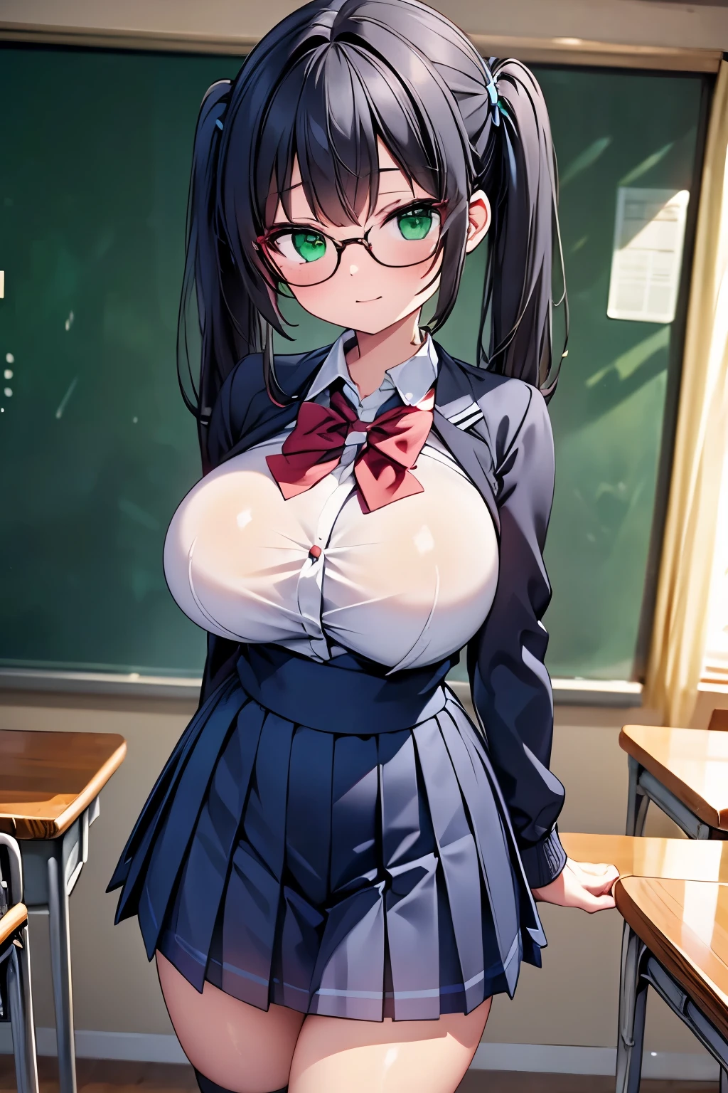 highest quality,wonderful,finely,extremely detailed CG unity 8k wallpaper,1 girl, big breasts,(school uniform:1.3), huge breasts,black hair, glasses, green eyes,twin tails, highest quality,Super detailed,unity 8k wallpaper,game CG,