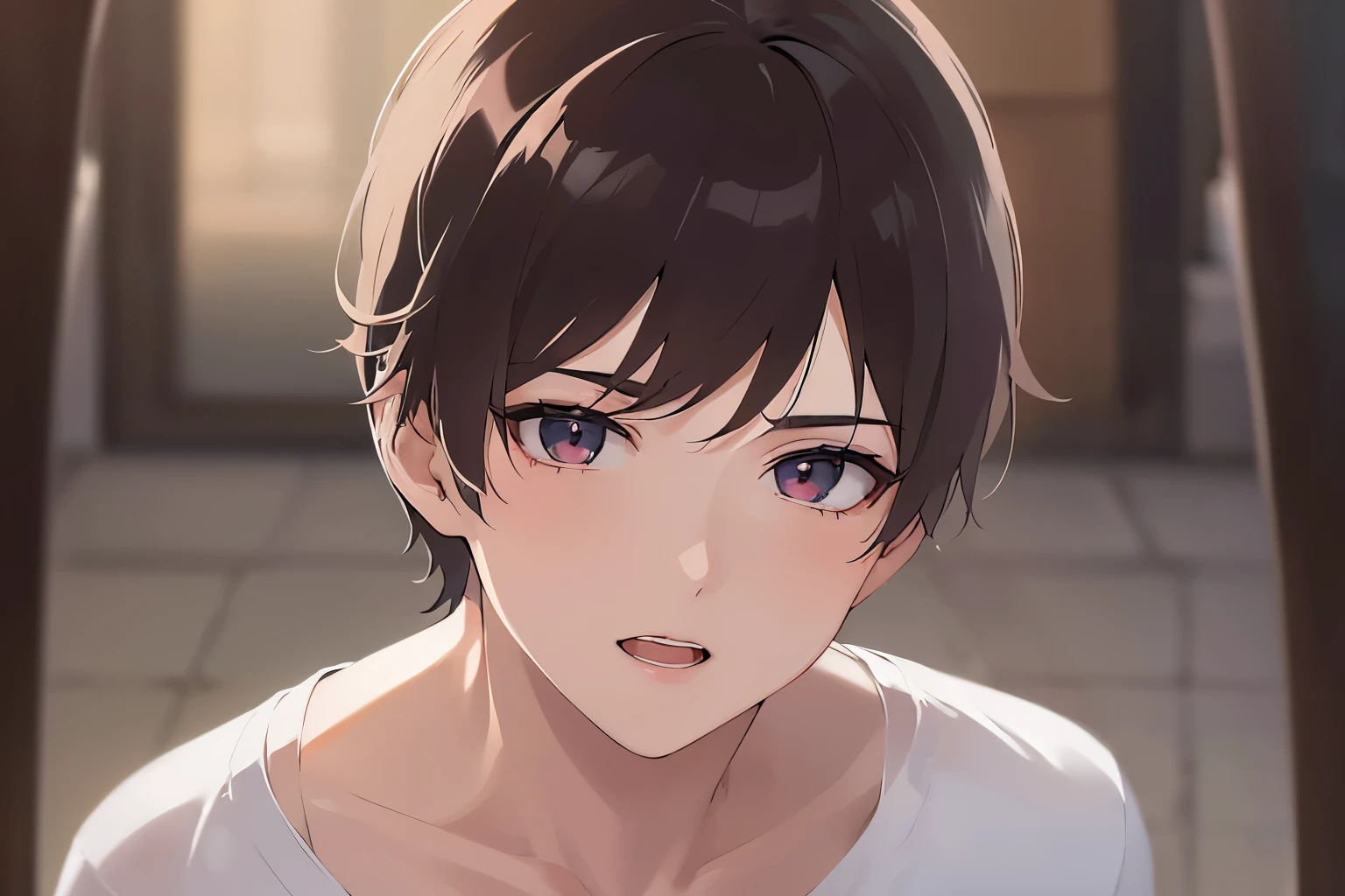 Shooting from an angle、 Upper Body, Realistic, real person, RAW photo, photorealistic, portrait photography, shining screen, masterpiece、highest quality、(25 year old male:2) and (brown short hair) and (red eyes), wearing a plain white T-shirt、Are standing、(confused:1.5)、open mouth, background is outside、(Alone:1.5)
