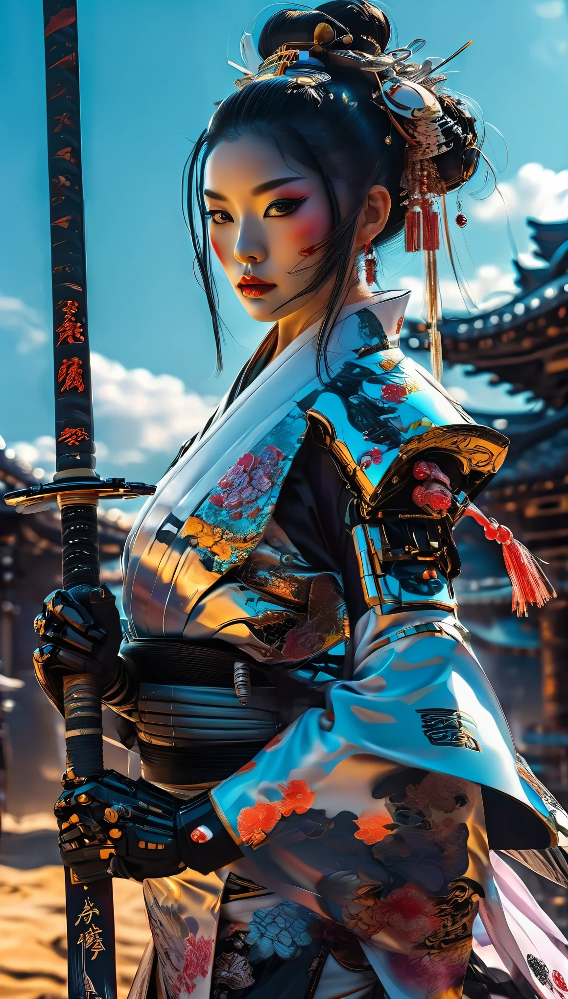vector art, vector graphics. dark sci-fi. Feudal Japan style but sci-fi style on an alien planet in another galaxy. android geisha, samurai with sword, female space marine. dynamic techniques, film grain, depth of field, HDR, beautiful lighting, turn off nsfw