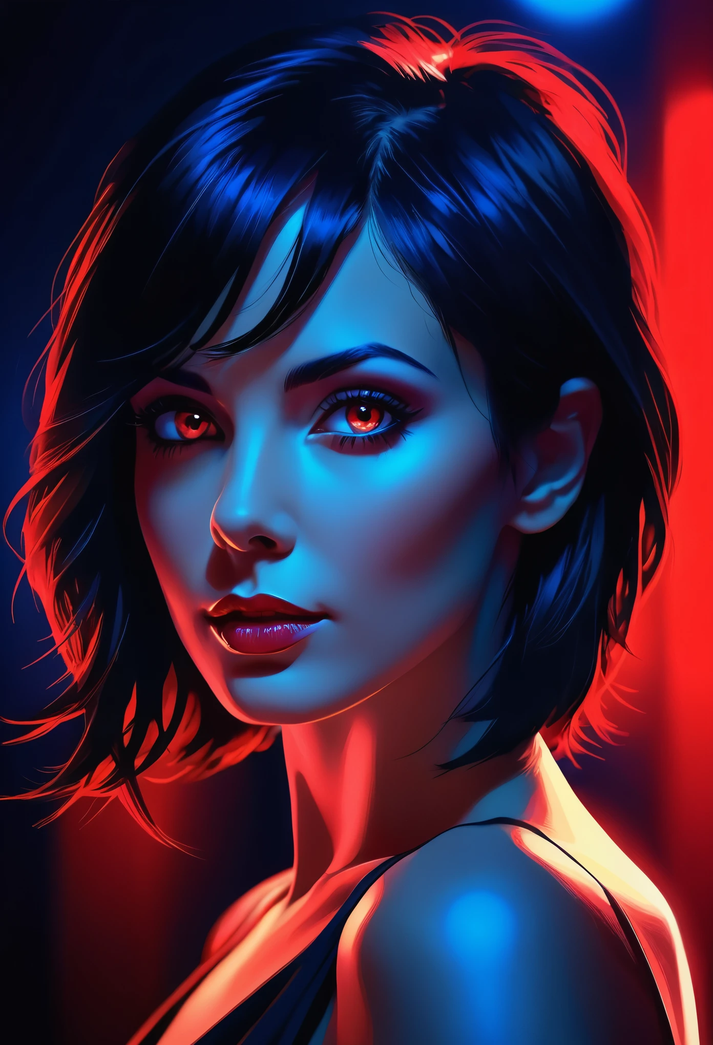 (vector graphics:1.2), realistic portrait, female silhouette, young woman in her 30s, well built, . short flowing black hair with red highlights. light, barely visible makeup. Dark blue eyes. Face illuminated by bright neon lights, red on one side, blue on the other, Shadow play. vector graphics, vector art, beautiful light and shadows to match the figure and surroundings, great depth of field and bokeh.