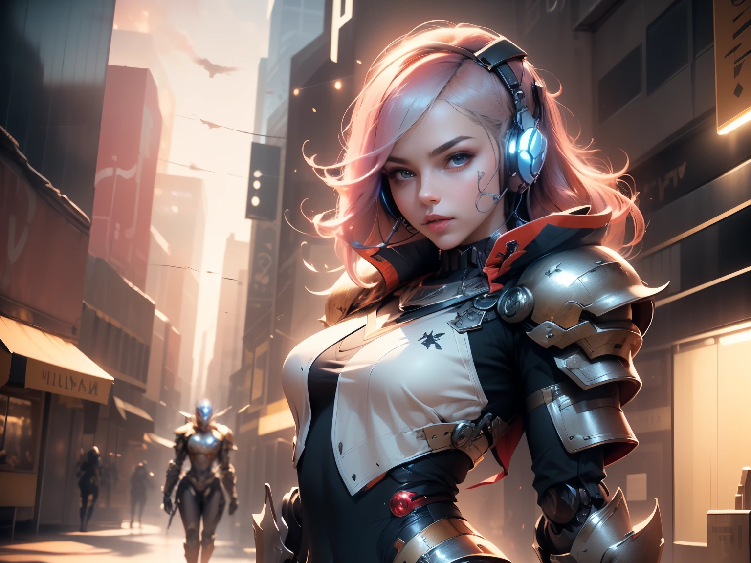 A robot woman, in a colorfull world, listening music, audio headset, cute face, sexy pose, At the top of a skyscraper, panoramic view of the city, a composite layered chest plate, fully encompassing shoulder and hand guards, a lightweight waist armor, form-fitting shin guards, the overall design is heavy-duty yet flexible, ((the armor gleams with a silver glow, exhibiting a noble aura, she floats above a hightech city, this character embodies a finely crafted fantasy-surreal style armored hero in anime style, exquisite and mature manga art style, (Queen bee mixed with Spider concept Armor, plasma, blood), ((Element, energy, elegant, goddess, femminine:1.5)), metallic, high definition, best quality, highres, ultra-detailed, ultra-fine painting, extremely delicate, professional, anatomically correct, symmetrical face, extremely detailed eyes and face, high quality eyes, creativity, RAW photo, UHD, 32k, Natural light, cinematic lighting, masterpiece-anatomy-perfect, masterpiece:1.5