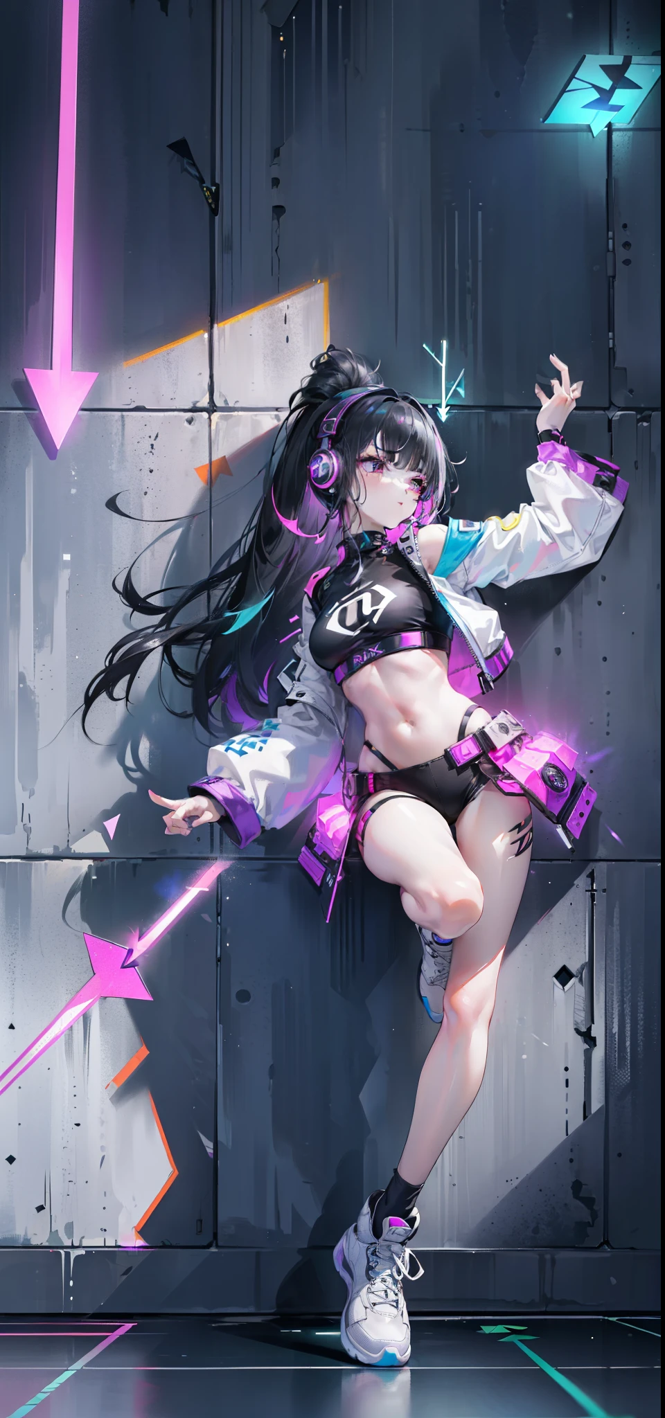 (8K, best quality: 1.4, on the table: 1.4, ultra high definition, highest resolution, Very detailed), professional lighting, gray light lighting, (single girl: 1.4), dance, Artistic jump, break dance, intense action, vitality, ((Colorful lights illuminate her)), (A series of colorful arrows and symbols are projected on the screen:1.6), (There are many speakers stacked on the wall: 2),cyberpunk, strange、lively appearance、Playful accessories、creative act、full of imagination,autonomy、DJ Headphones, (Fluorescent dance floor:1.5), alone, flowing hair, beautiful woman, a small face, abdominal muscles, (Asymmetric bangs, black hair, Hair above one eye, messy long hair), Good at sports, white sneakers), (Fingers are thin and thin, detailed body, Detailed weapons, human hand), (Detailed face), low angle bottom, Popular venues