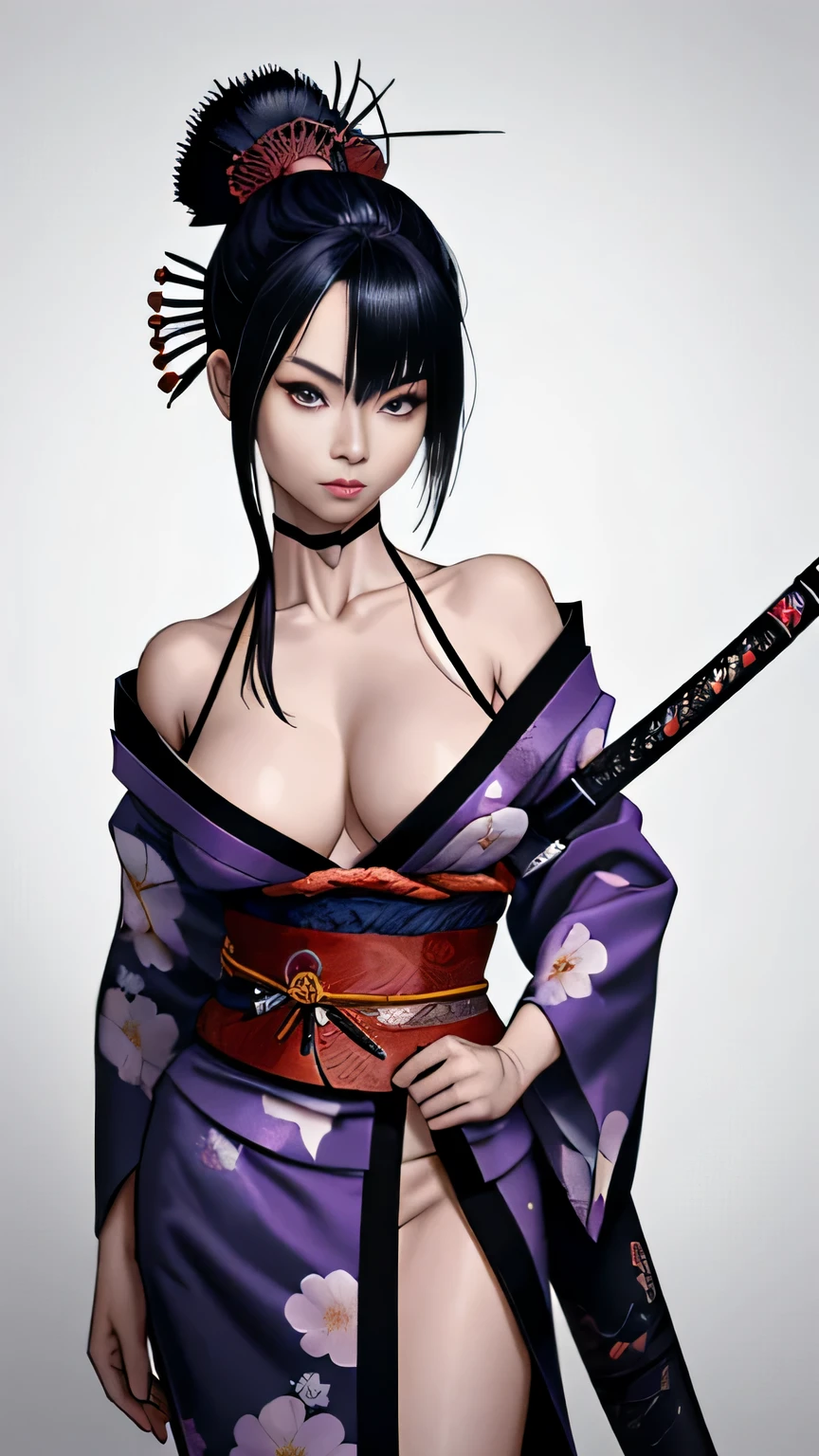 Mujer japonesa con katana, Samurai, tatuaje en el cuerpo, hermosa, rostro detallado, cuerpo completo, kimono sexy corto, ojos lindos