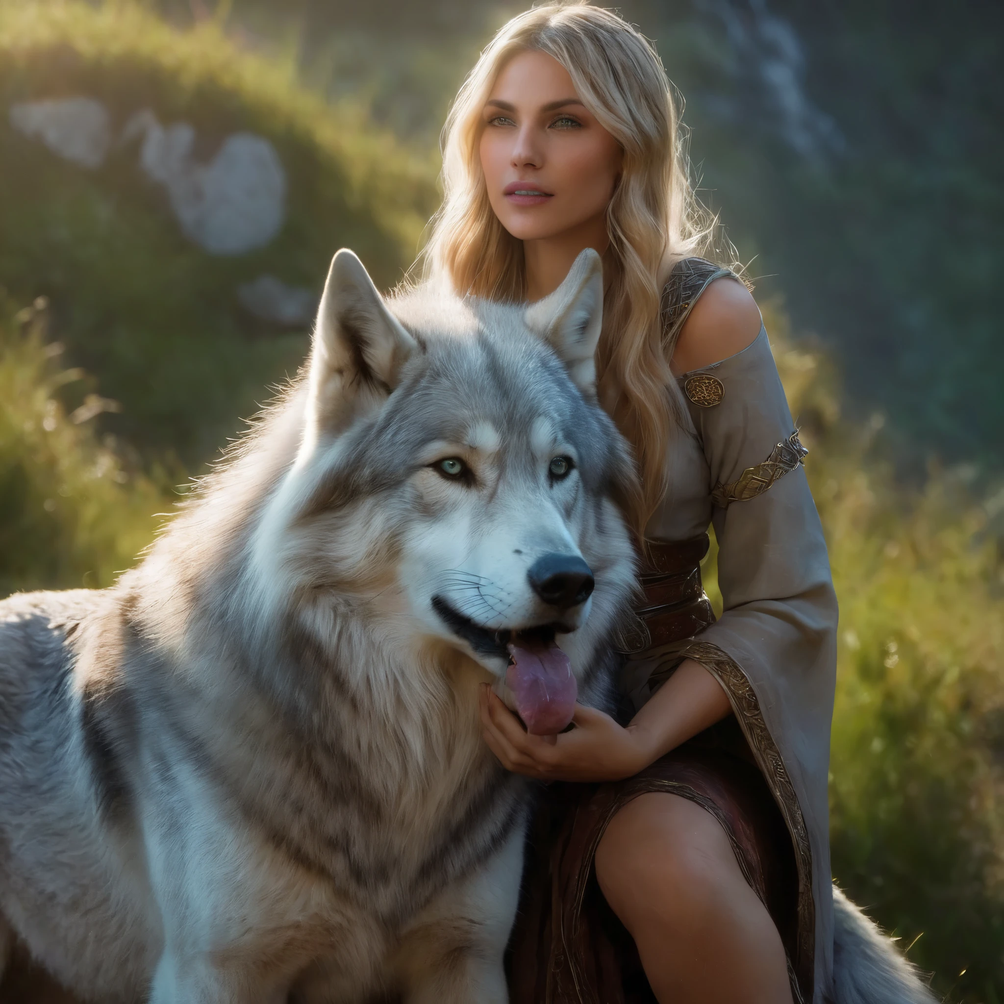 (Beautiful druid elf girl 1.3) hugging a big grey wolf (extremely detailed CG unity 8k wallpaper, masterpiece, best quality, ultra-detailed, beautiful detailed bright eyes:1.2), best illumination, (best shadow, an extremely delicate and beautiful, bloom, iridescent), masterpiece, best quality:1.1, realistic:1.3, cinematic lighting:1.2, on a sunray cliff:1.5, ultra photoreal, photorealistic:1.0, sharp focus:1.1, depth of field:1.1, 50mm, Hasselblad X1D II, Porta 160